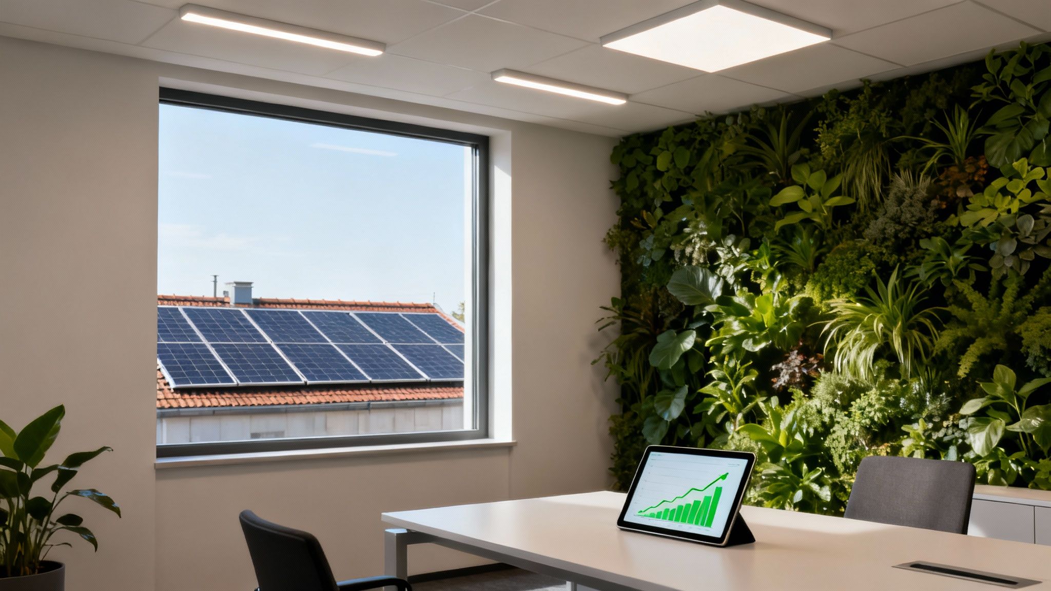 Modern office with a living green wall, solar panels outside, and a tablet showing growth.