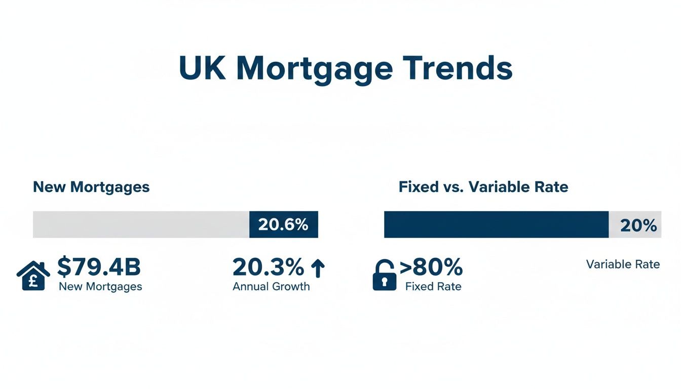 Infographic showing UK mortgage trends, including new mortgage values, annual growth, and fixed versus variable rates.