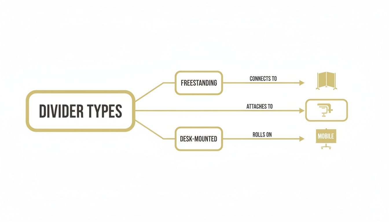 Diagram illustrating different office divider types, including freestanding, attachable, and mobile desk-mounted options.