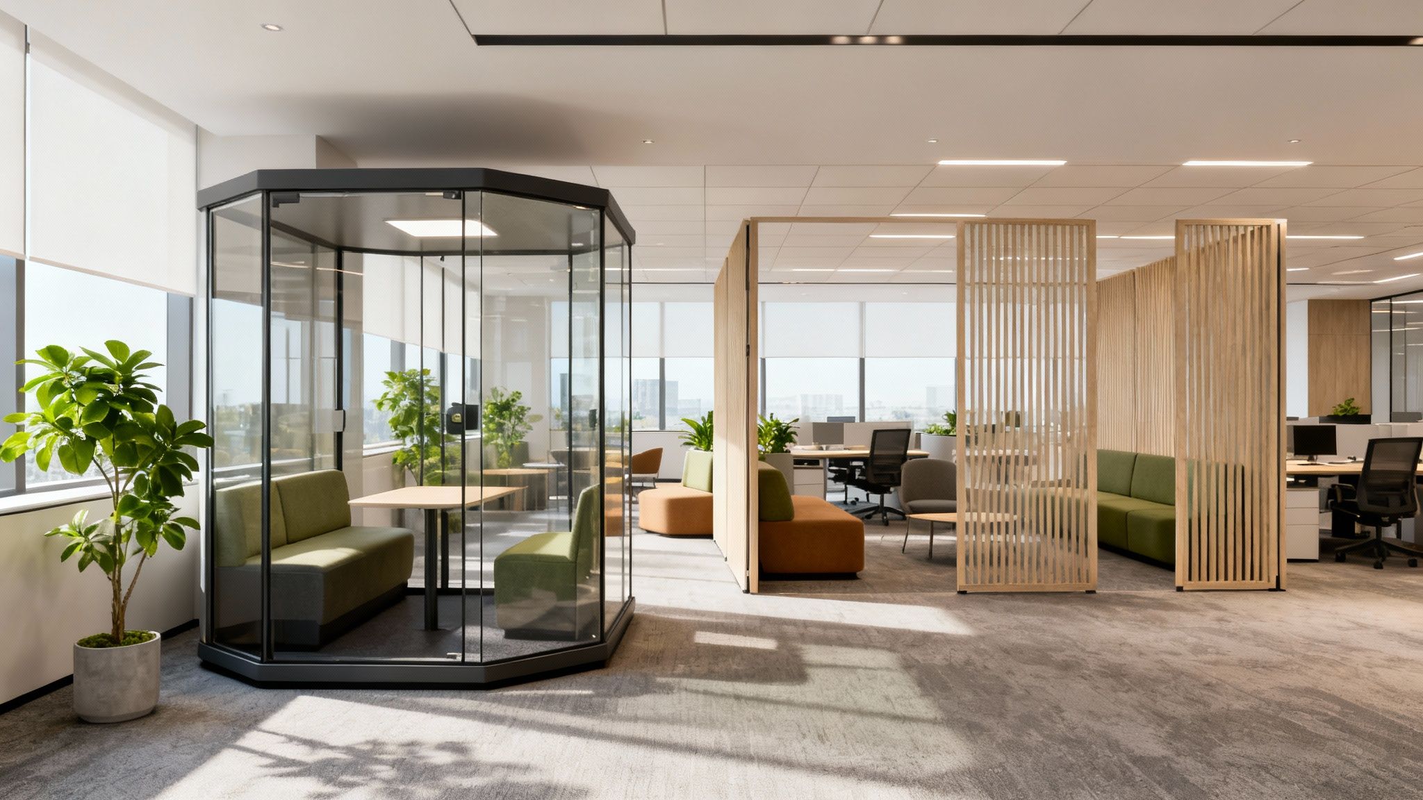 Contemporary office interior featuring a glass meeting booth, collaborative seating, and open workstations.