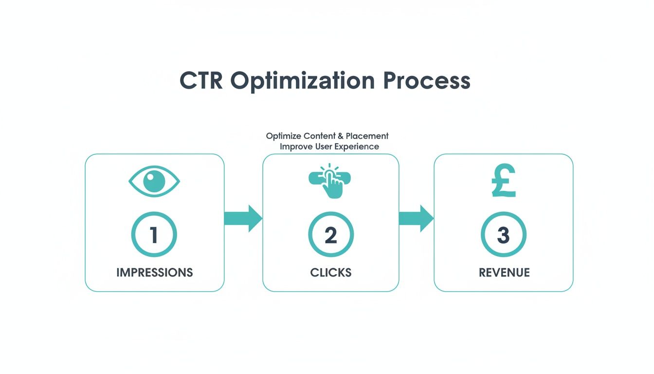 Visual diagram illustrating the CTR optimization process: impressions, clicks, and revenue generation.