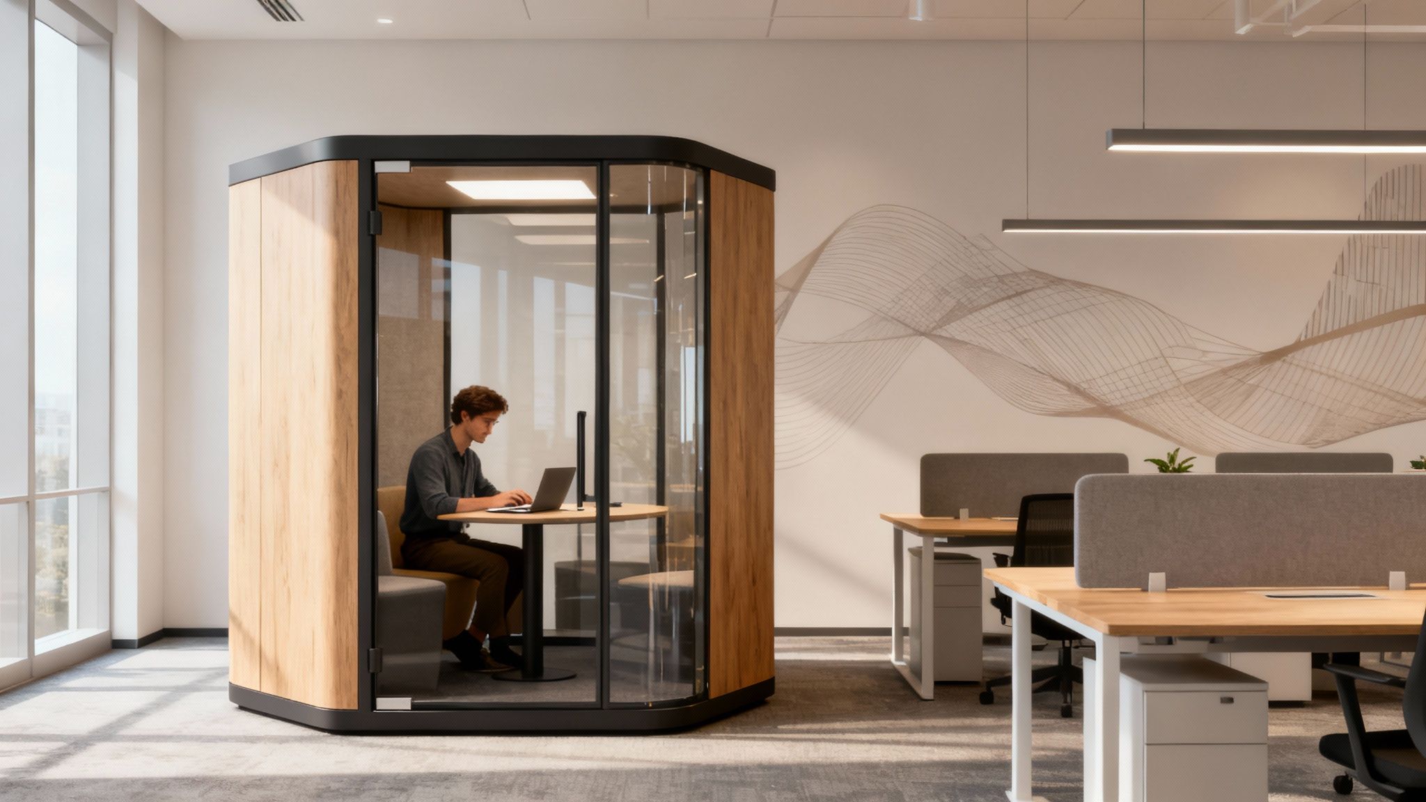 A man works on a laptop inside a modern wooden and glass privacy pod in an open-plan office.