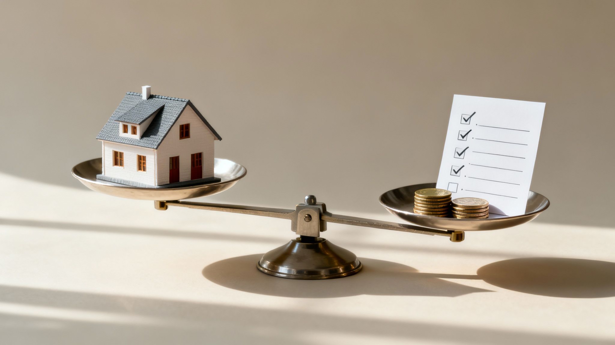 A miniature house sits on one side of a balanced scale, countered by coins and a checklist.