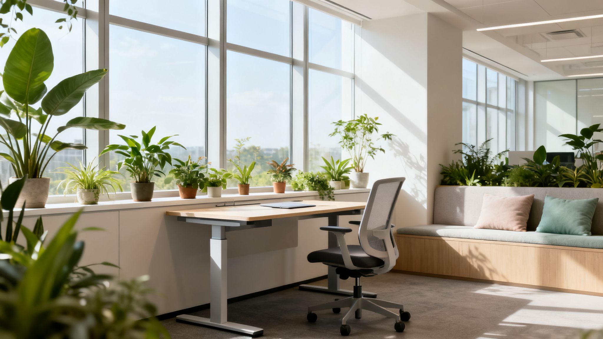A modern, bright office workspace featuring a desk, ergonomic chair, and numerous lush green plants by large windows.