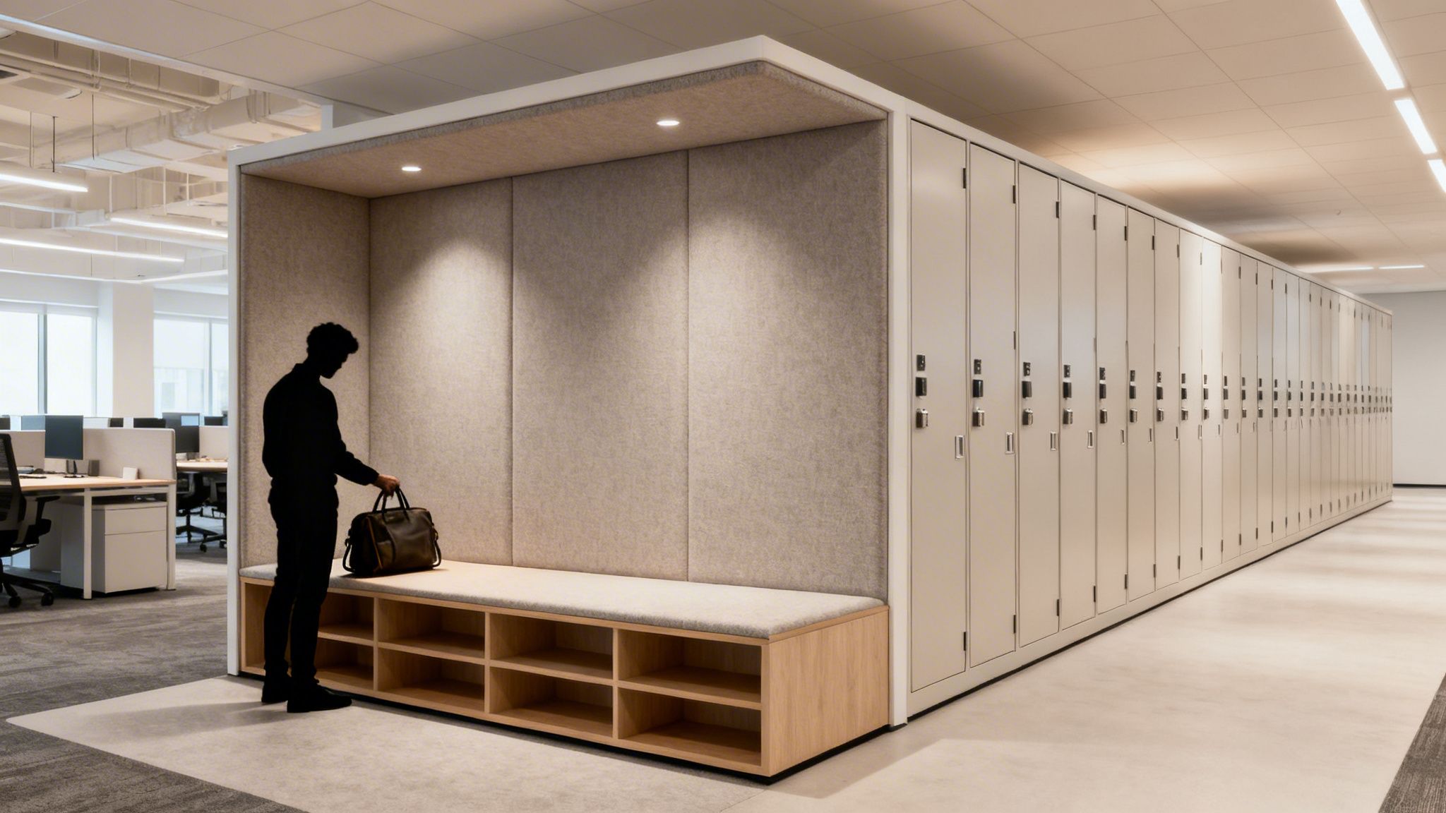 A person stands next to modern office lockers and a bench with cubbies, holding a bag.