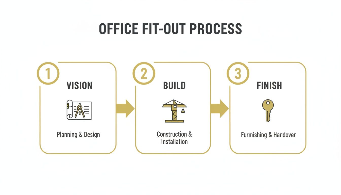 Infographic detailing the office fit-out process from planning and design to construction and handover.