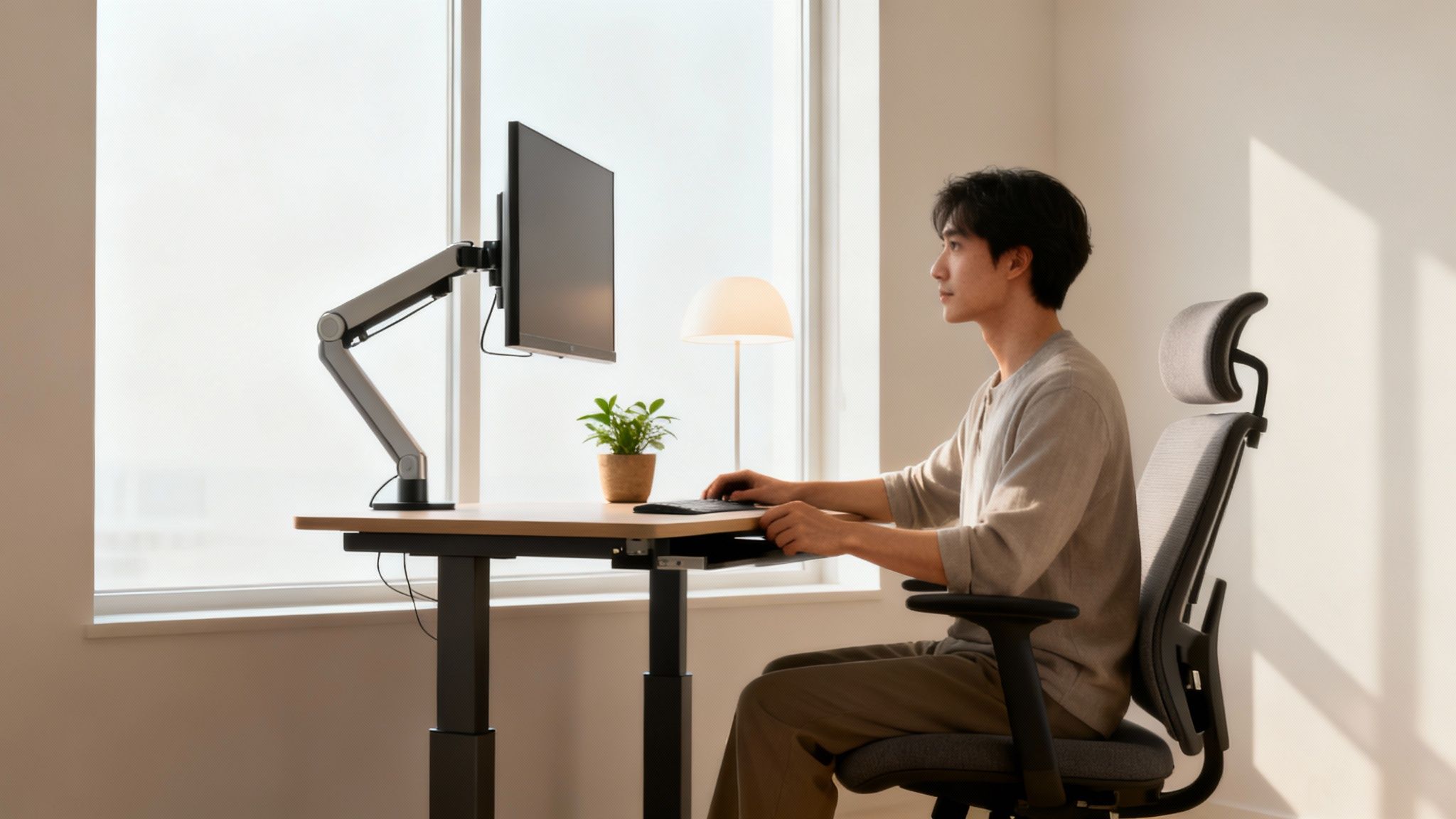 Young man focused on his computer screen at a modern home office setup.