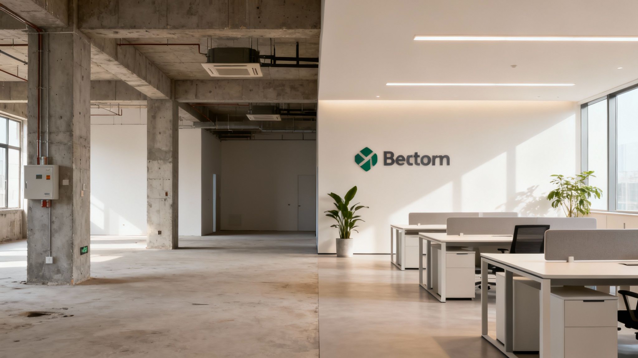 Modern office interior showcasing a clear distinction between a finished workspace and an unfinished shell.