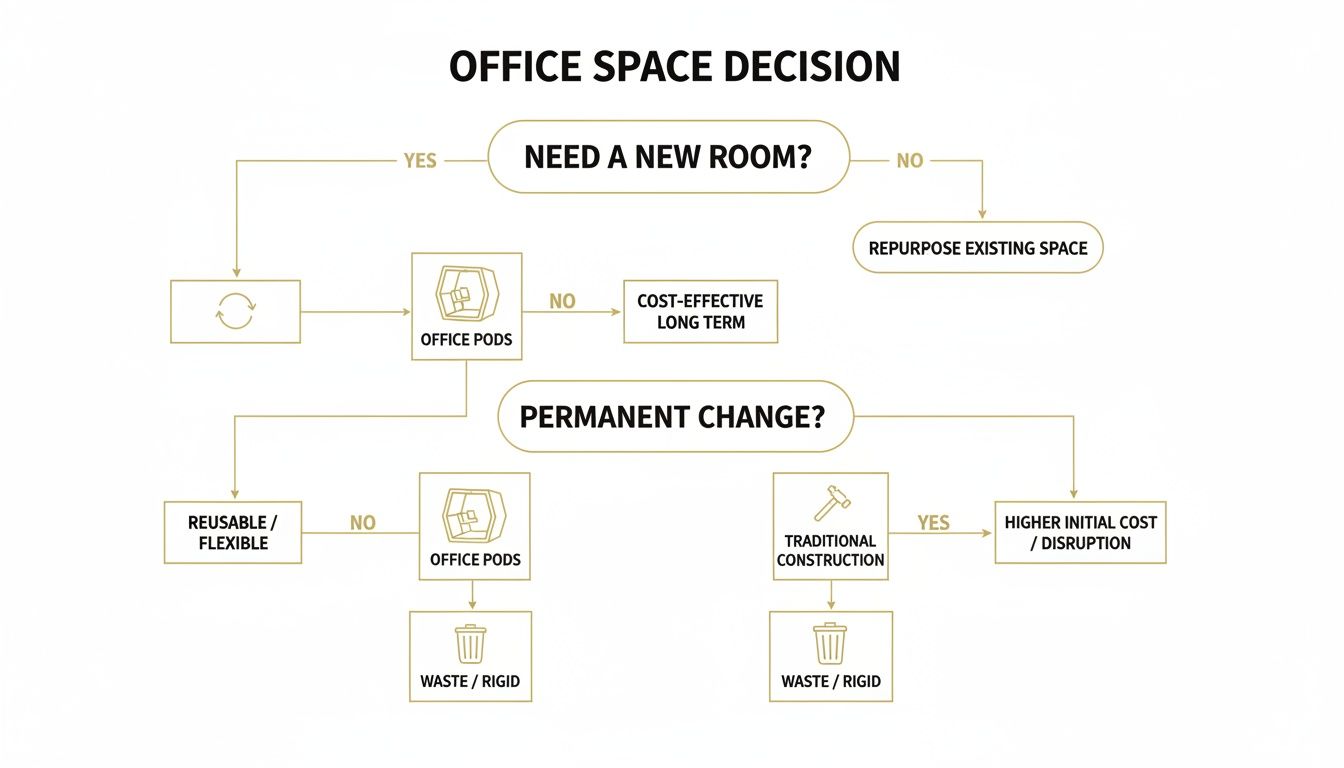 Flowchart illustrating office space decision process, comparing office pods and traditional construction.