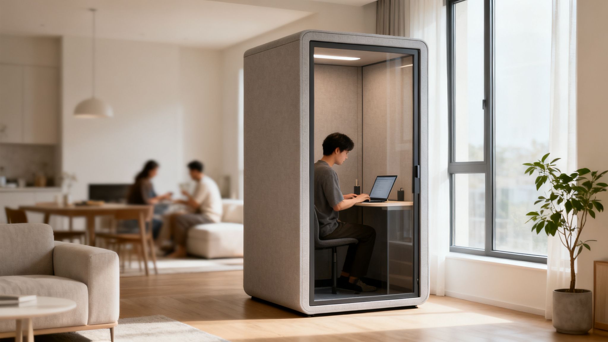 A man works focused on a laptop inside a modern home office pod within a blurred living room.