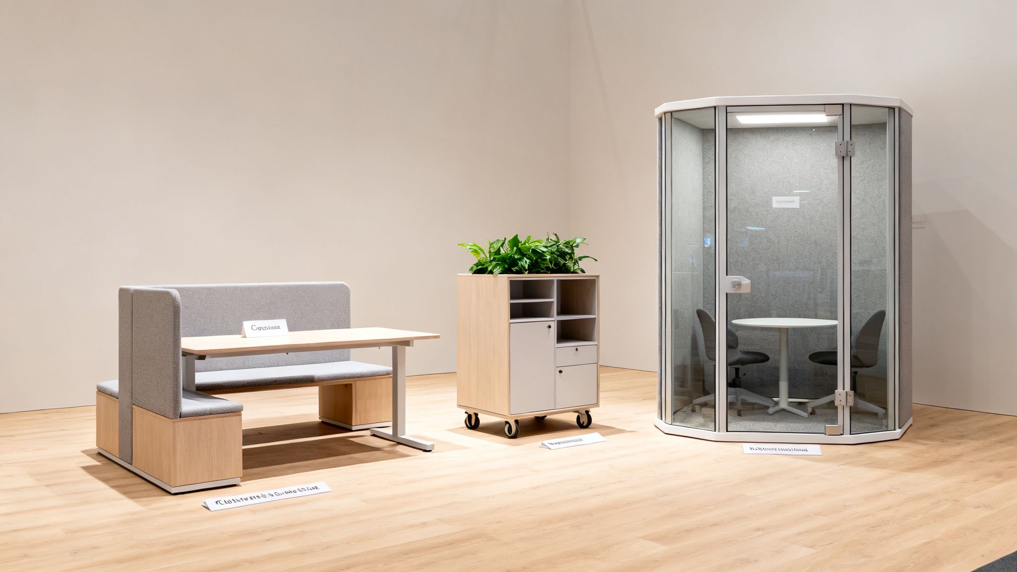 A collection of contemporary modular office furniture including a seating booth, storage unit, and soundproof meeting pod.