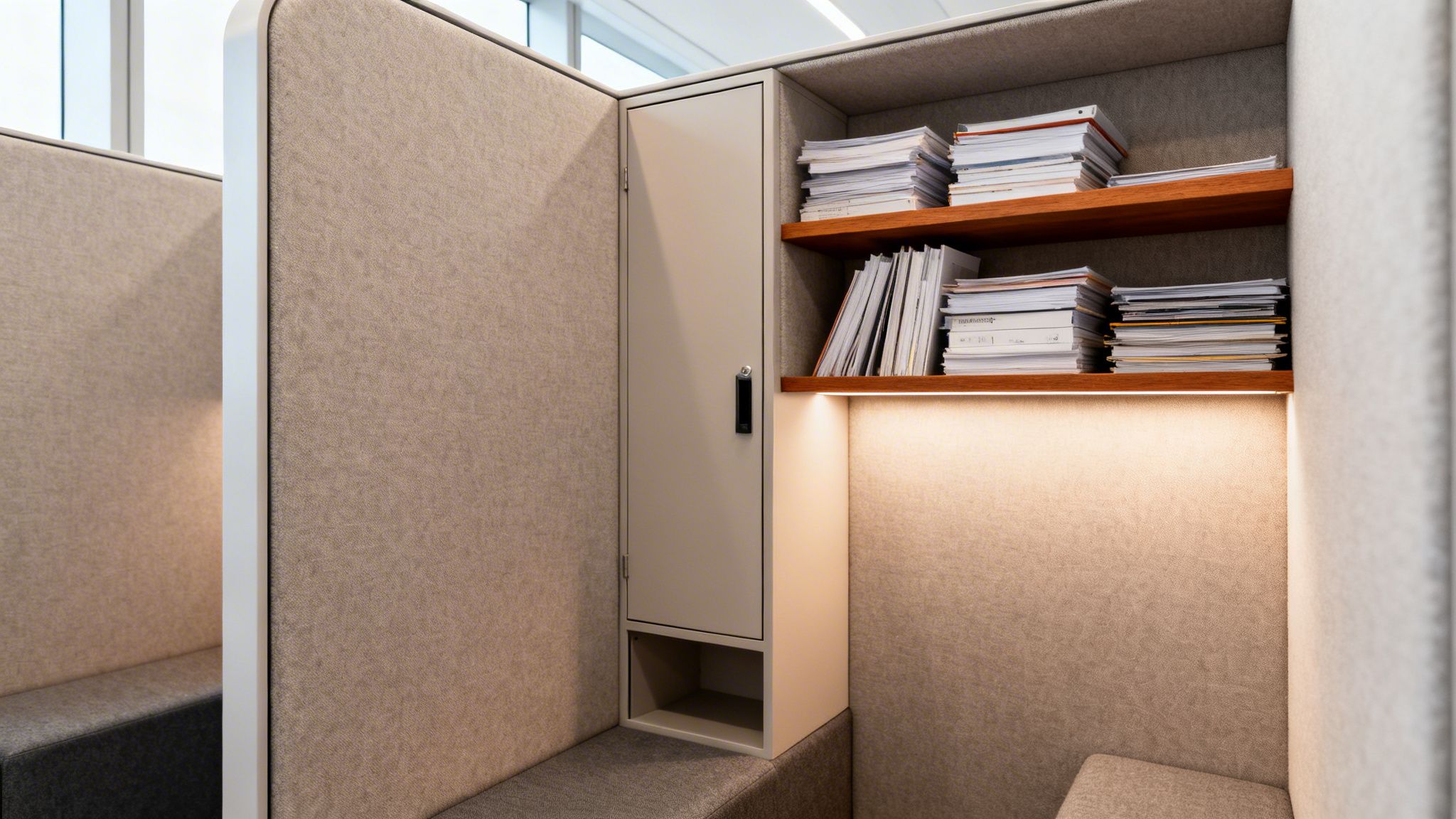 Contemporary office nook featuring acoustic panels, a small locker, and illuminated shelves with stacks of documents.