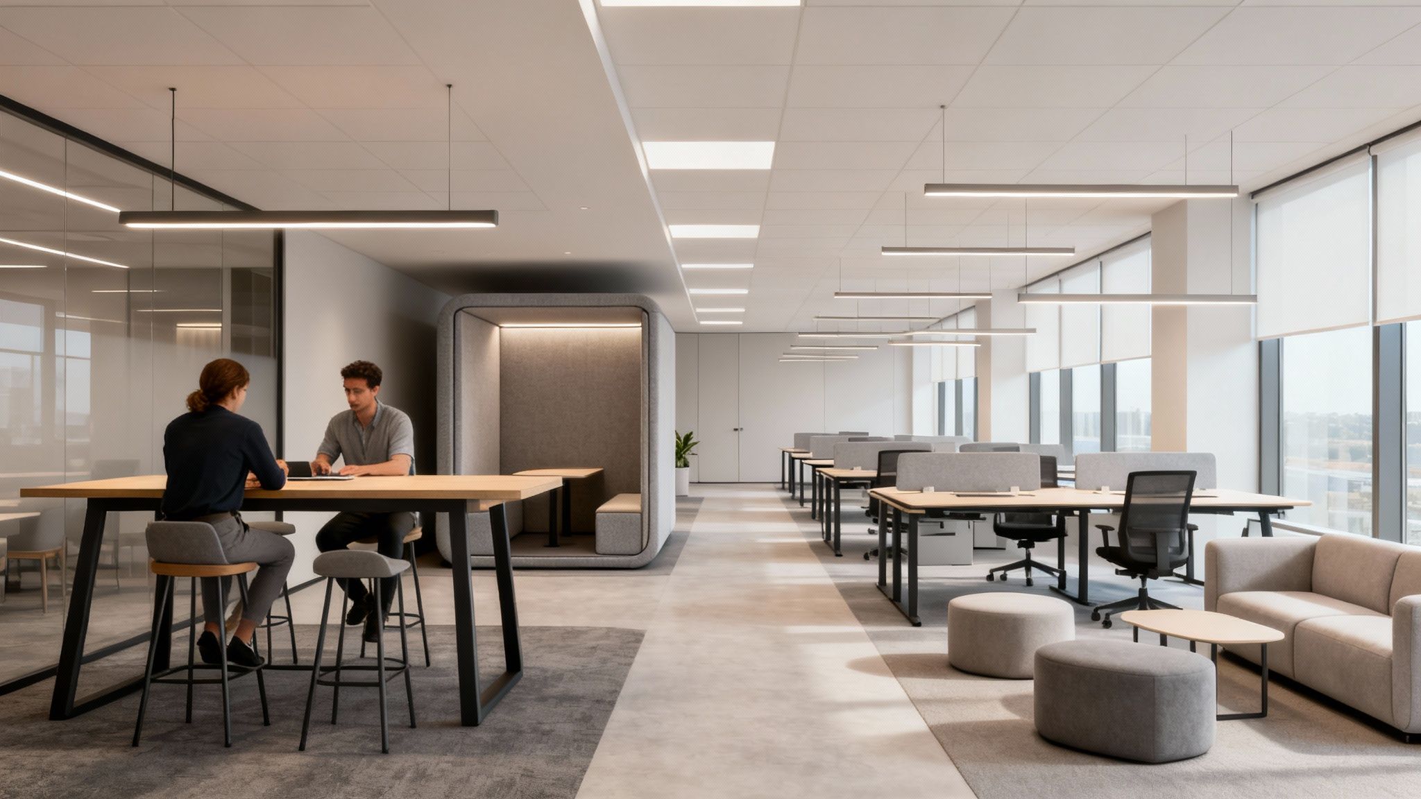 Modern open-plan office space featuring collaborative tables, individual desks, and lounge areas.