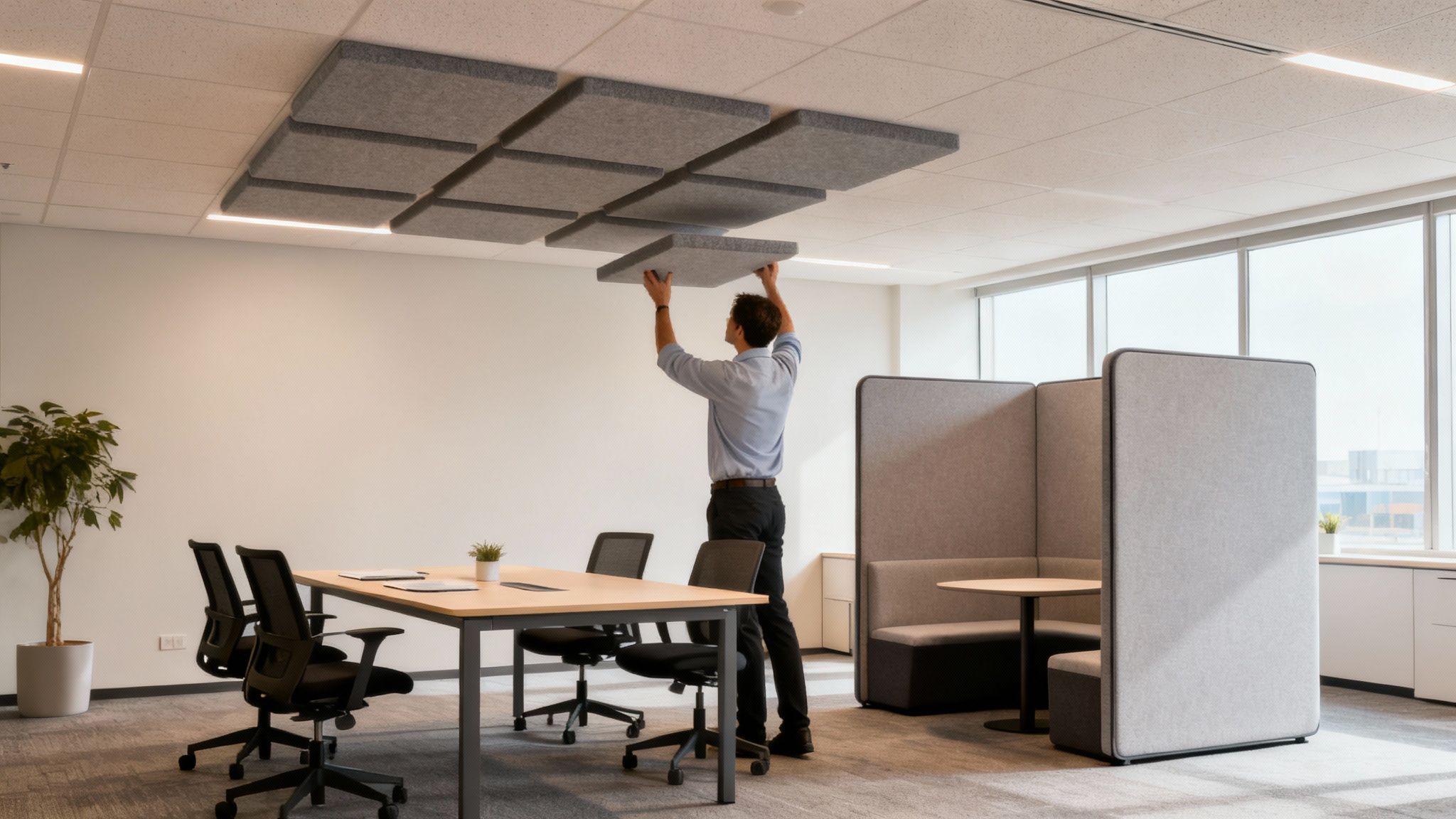 A man installs grey acoustic panels on a white ceiling in a modern office workspace.