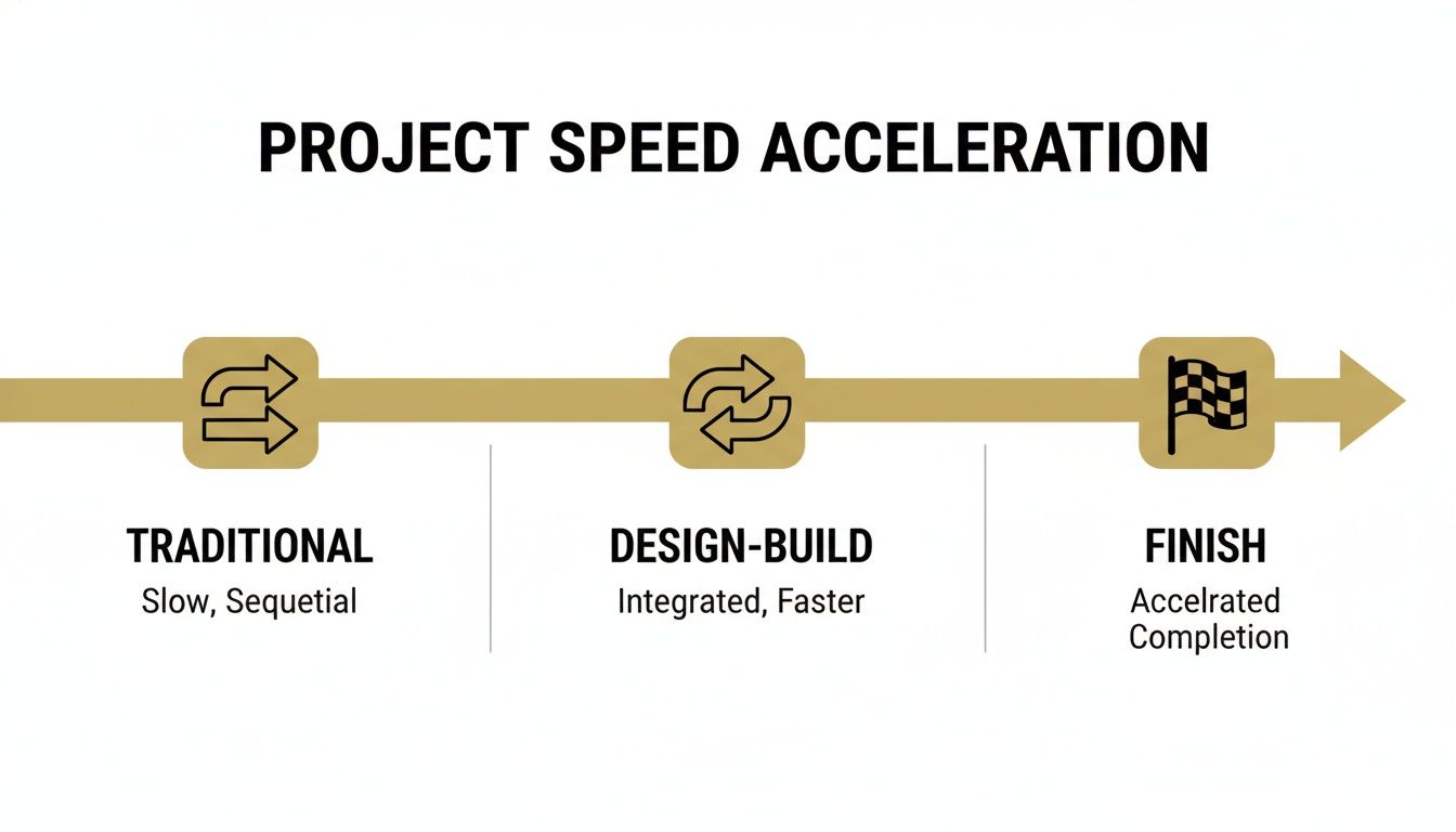 Timeline diagram showing project speed acceleration, from traditional slow to design-build faster completion.