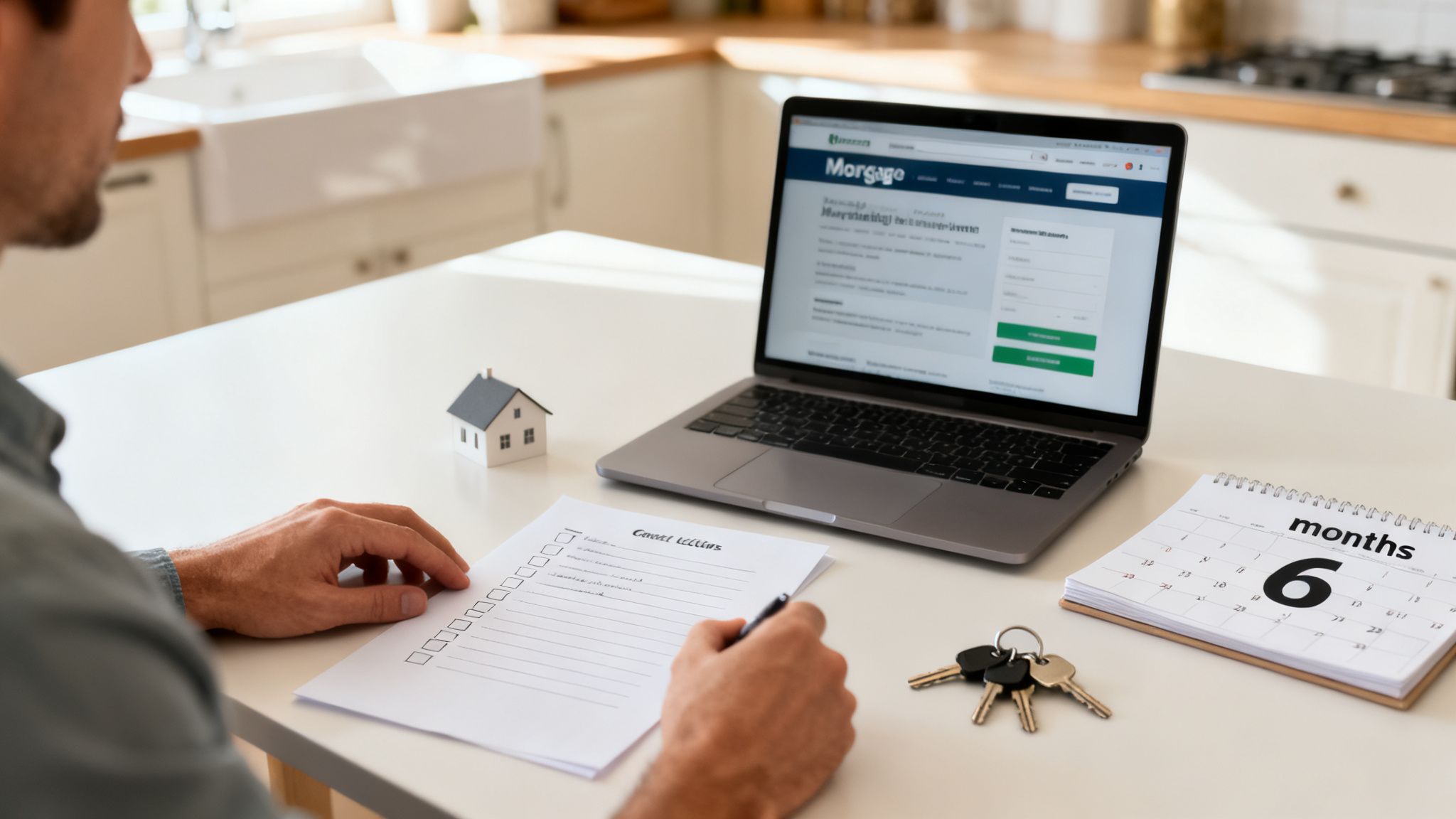 Person planning mortgage refinancing on laptop with house model, keys, and 6-month calendar.