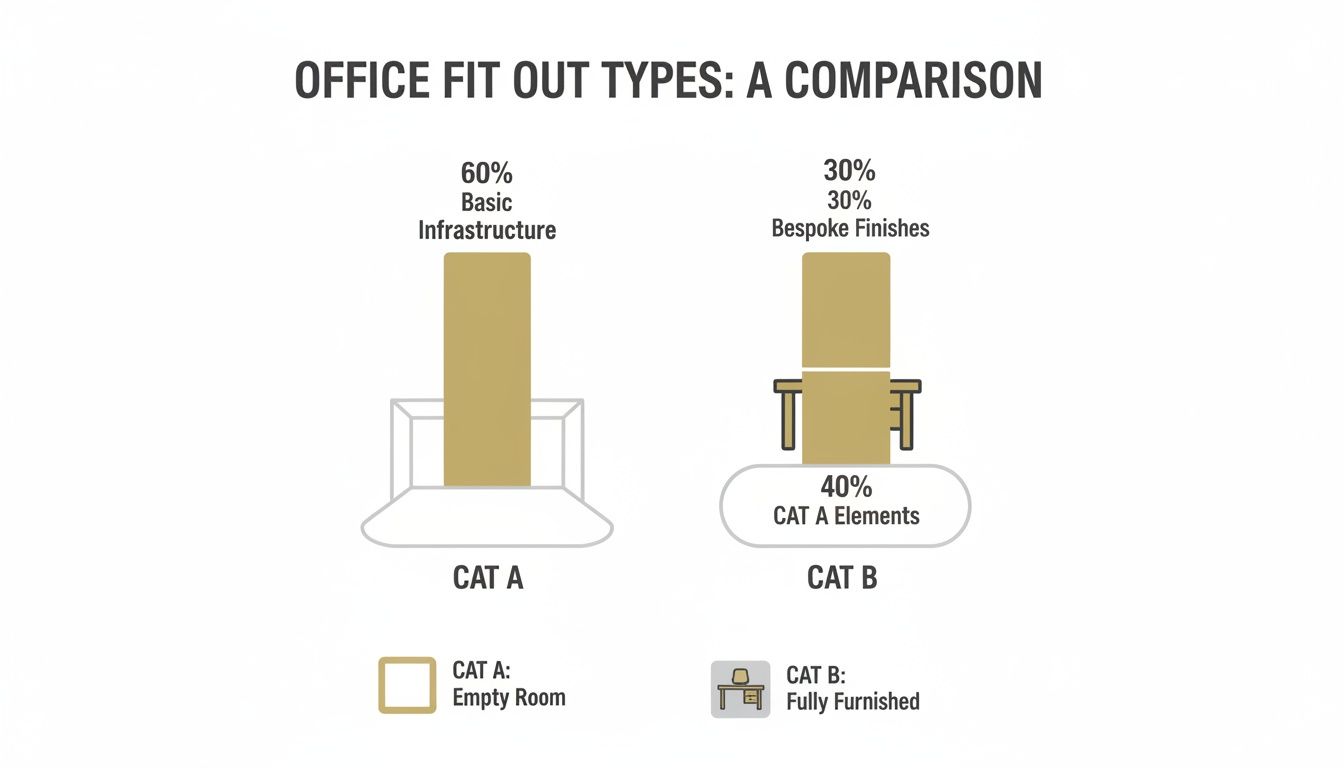 A comparison chart illustrating office fit-out types: CAT A (basic infrastructure) and CAT B (bespoke finishes, CAT A elements).