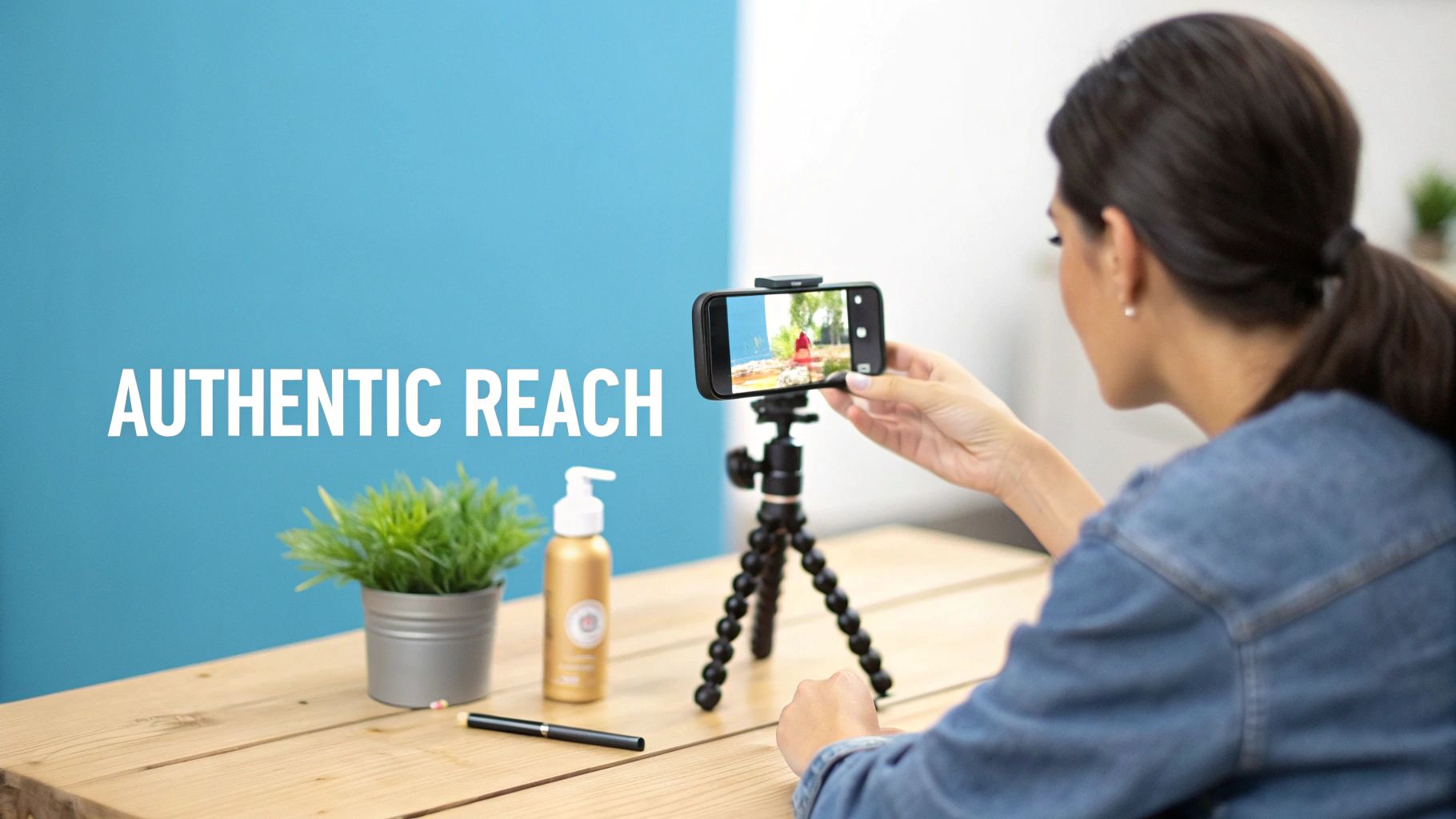 A woman sets up a smartphone on a tripod to film content, displaying 'Authentic Reach' text.