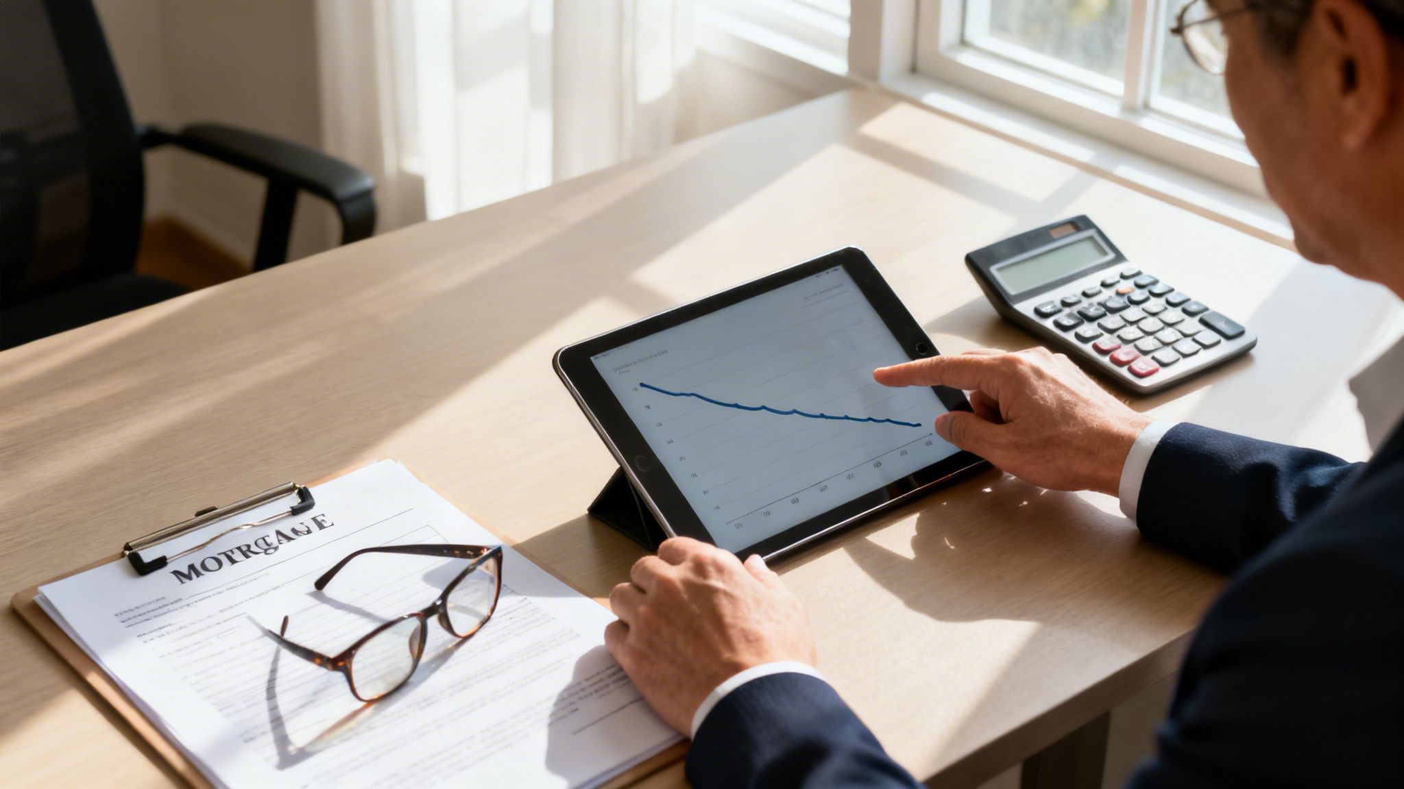 Businessman analyzing a mortgage graph on a tablet, with a calculator and paperwork on the desk.
