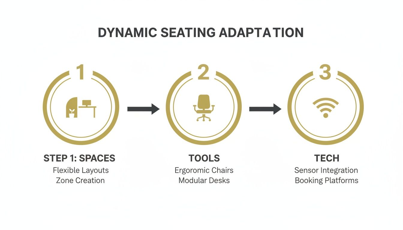 Infographic illustrating three steps for dynamic seating adaptation in modern offices.
