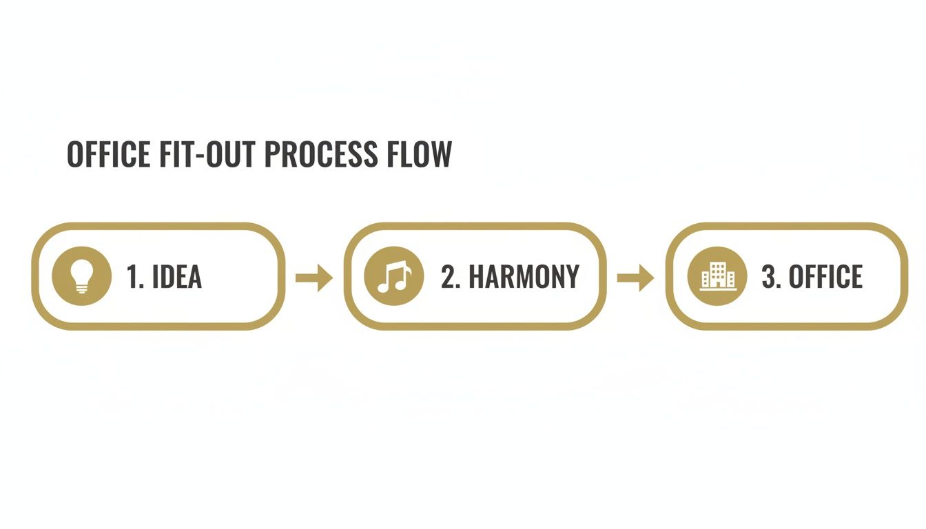 A three-step office fit-out process flow diagram with icons for Idea, Harmony, and Office.