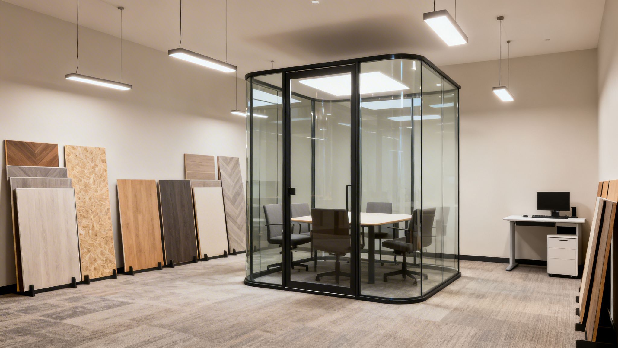 Modern office showroom featuring a glass meeting room, various material samples, and a computer workstation.