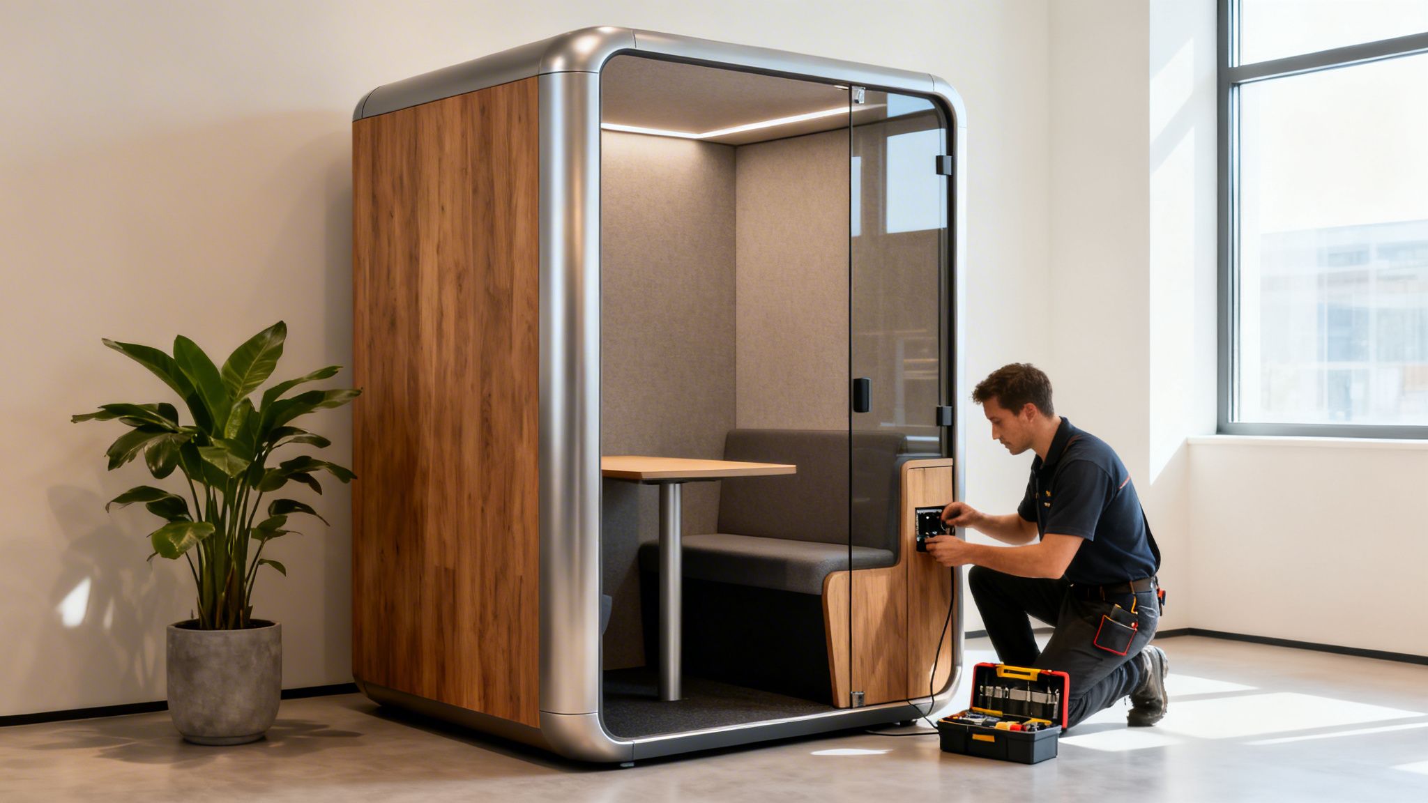 A man installing an electrical component on a modern wood and metal office privacy pod.