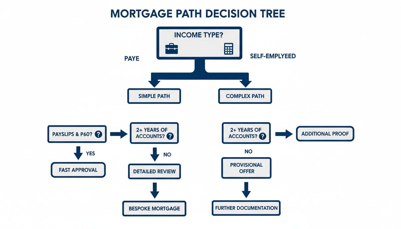 A mortgage decision tree diagram illustrating paths for PAYE and self-employed income types.