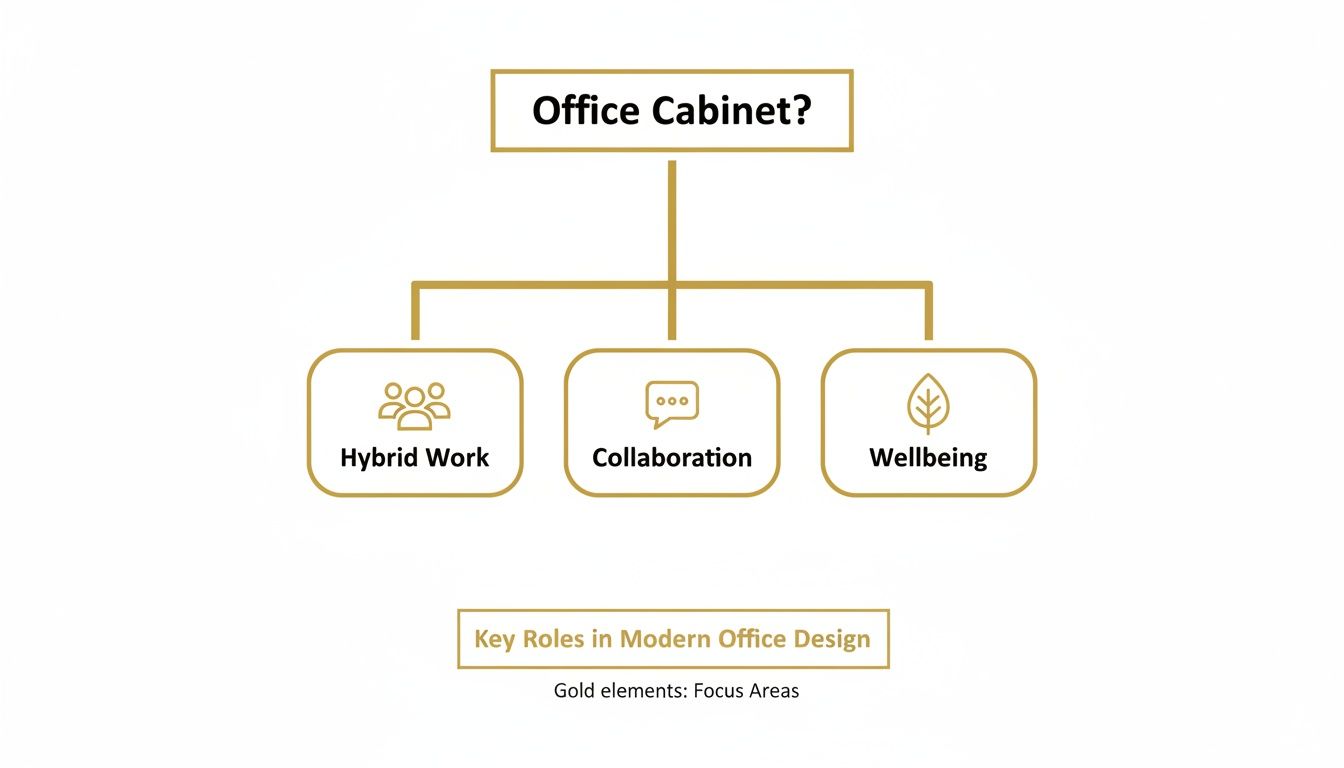 Diagram connecting 'Office Cabinet?' to key modern office design roles: Hybrid Work, Collaboration, Wellbeing.