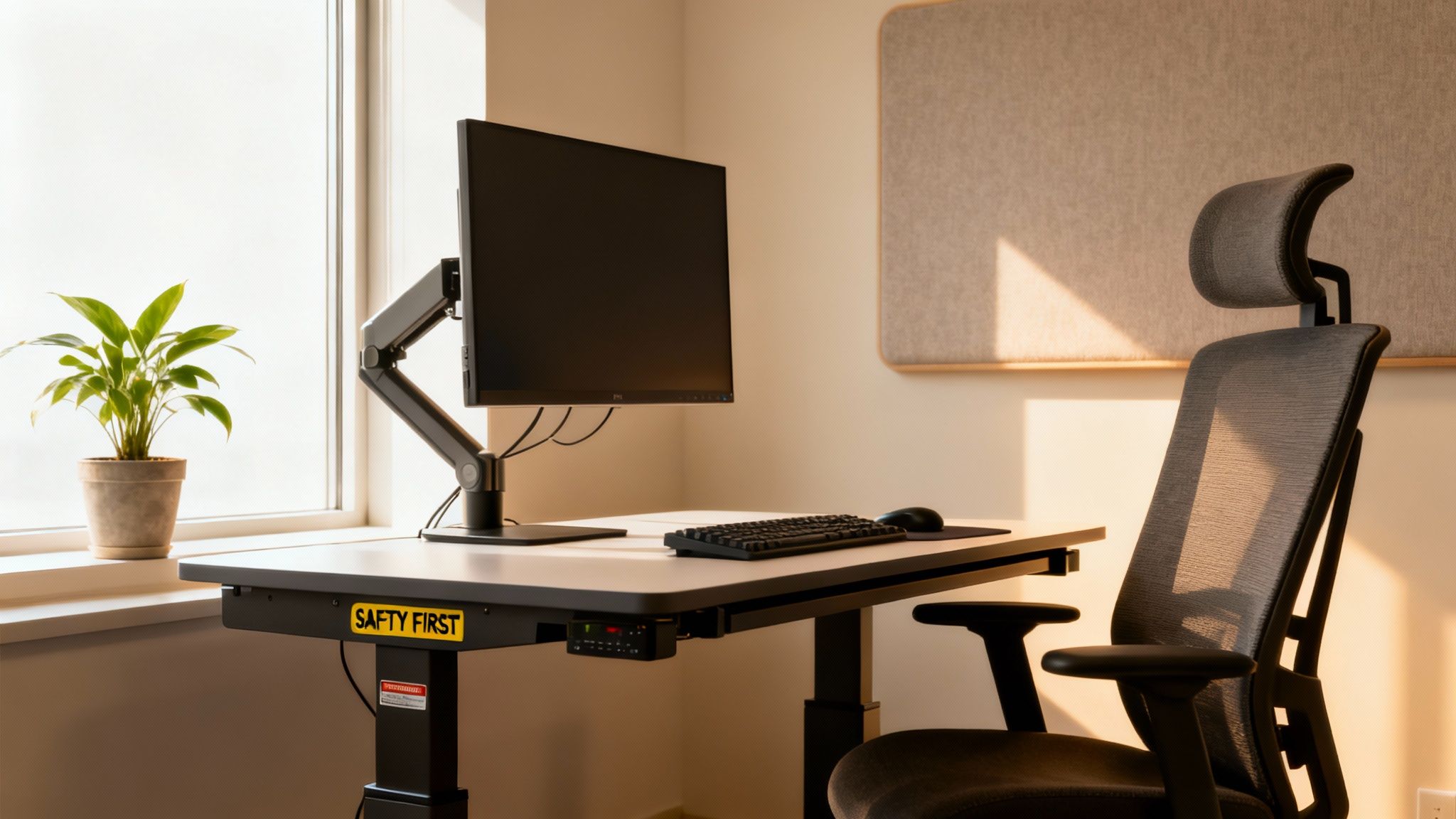 A modern ergonomic home office setup with a standing desk, monitor, chair, and a plant by a bright window.