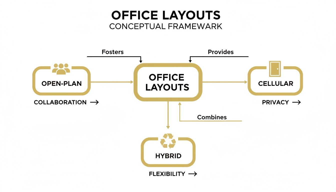 Conceptual framework diagram showing open-plan layouts fostering collaboration, cellular providing privacy, and hybrid offering flexibility.