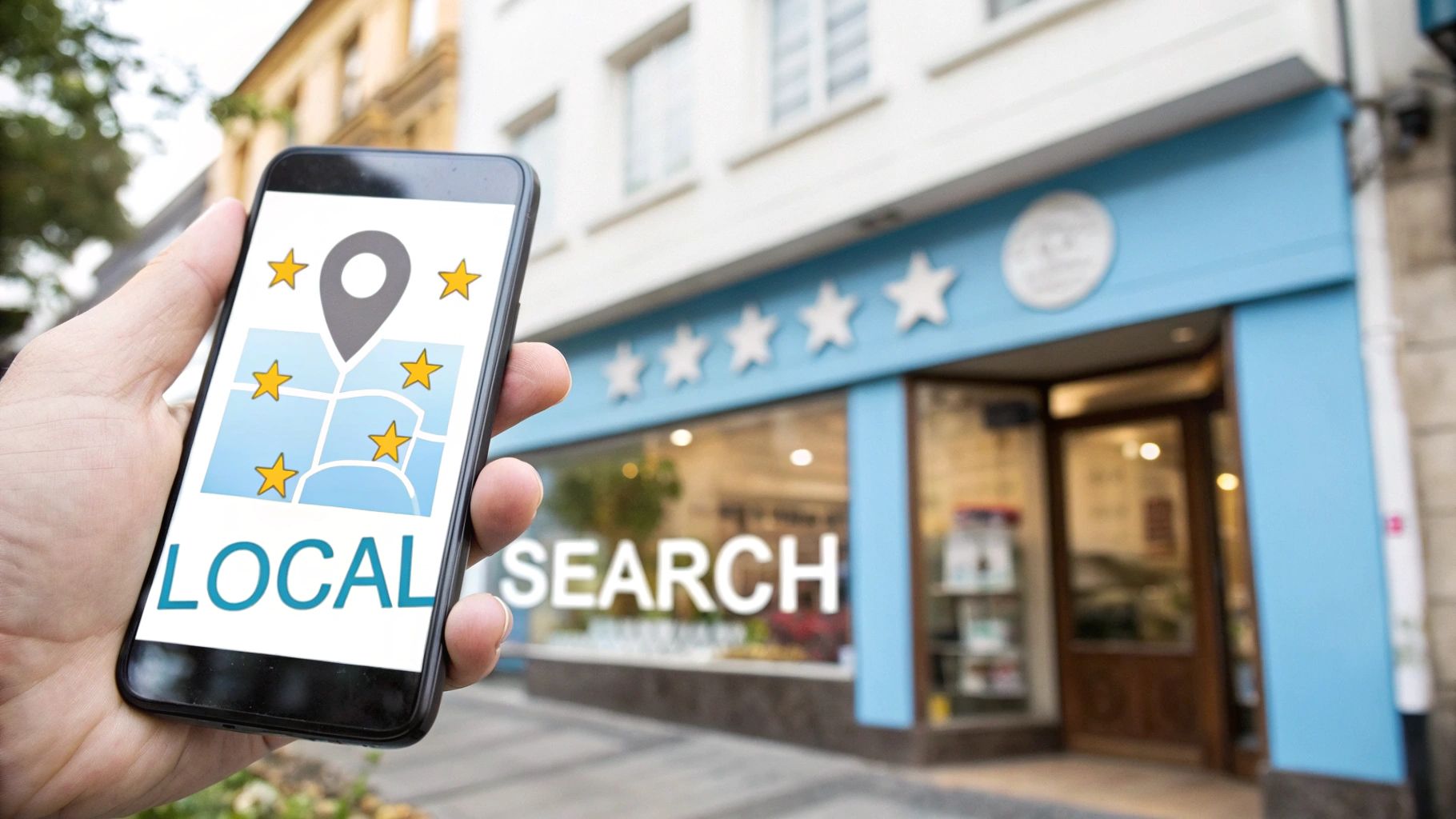 Hand holding smartphone showing a local search app with a map, pin, and stars, in front of a business with five stars.