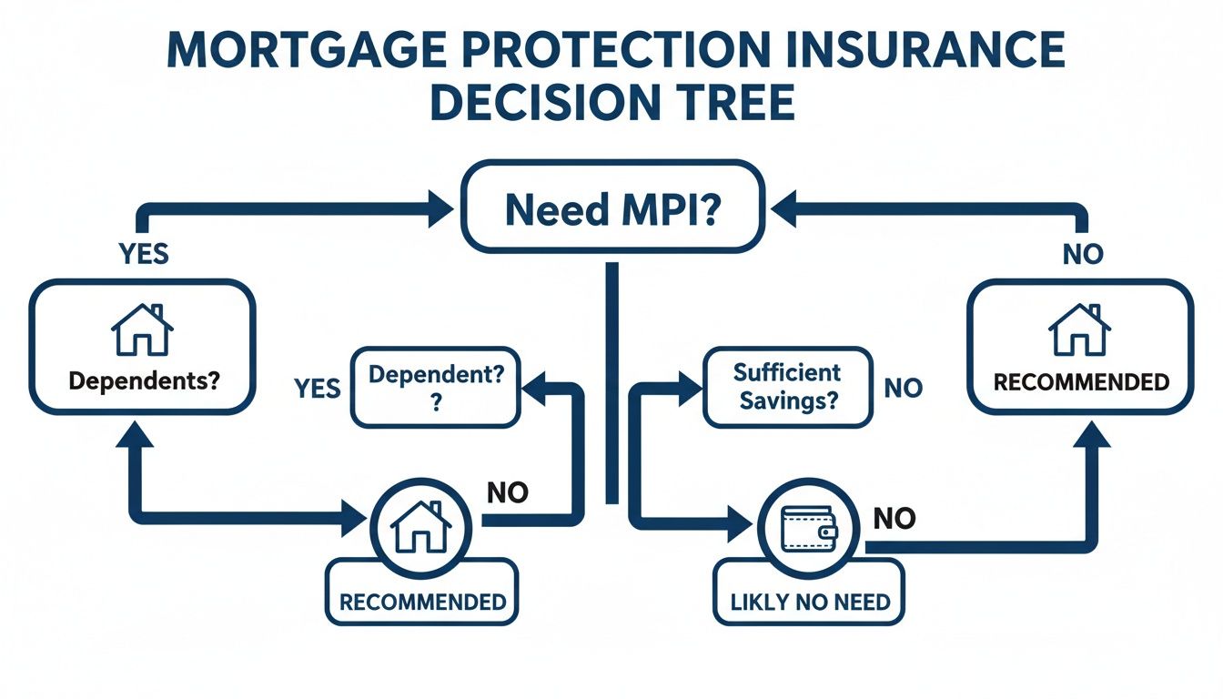 A decision tree flowchart outlining when Mortgage Protection Insurance is recommended based on dependents and savings.