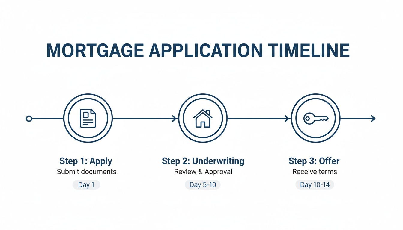 A clear infographic illustrating the three-step mortgage application timeline: Apply, Underwriting, and Offer.