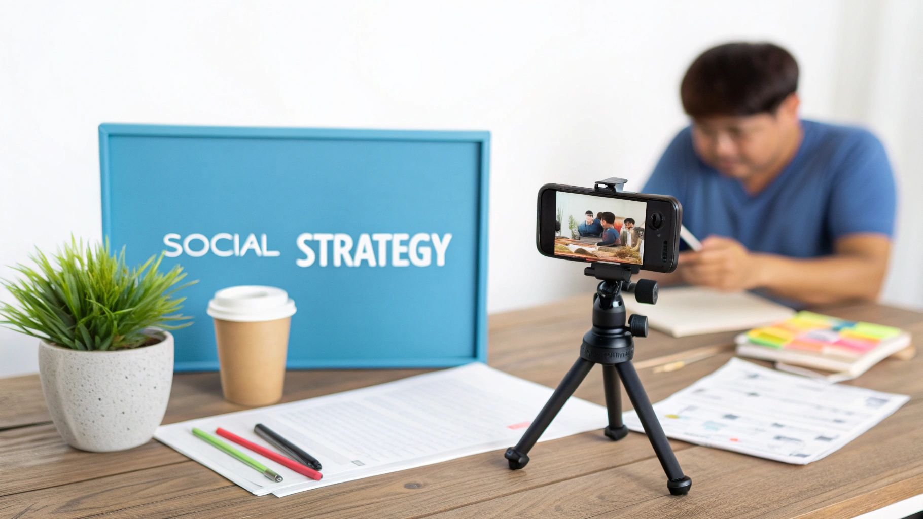 A smartphone on a tripod records a blue board displaying 'SOCIAL STRATEGY' on a wooden desk.