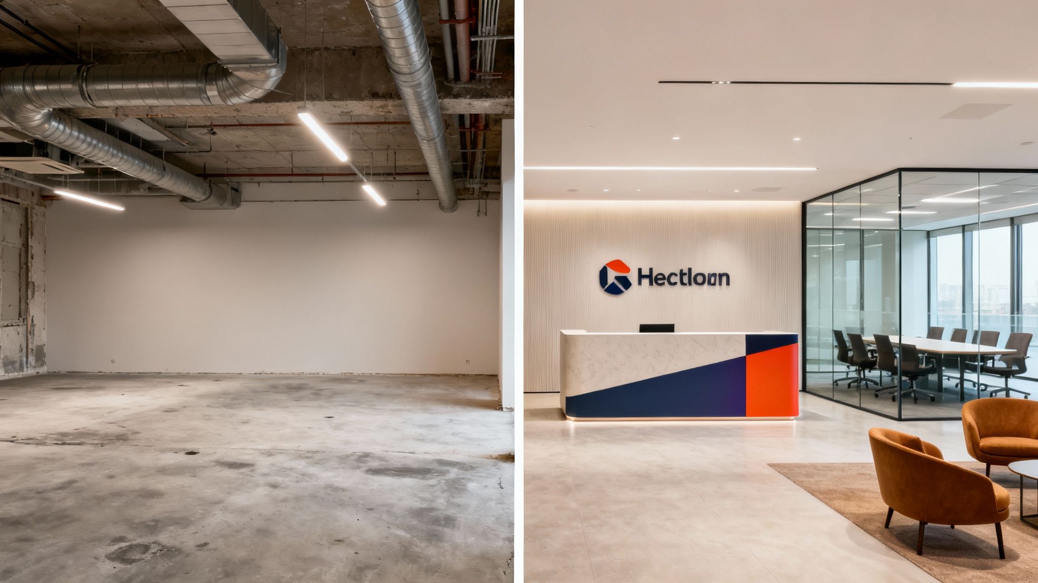 Before and after comparison of an office space, showcasing its transformation into a modern reception area.
