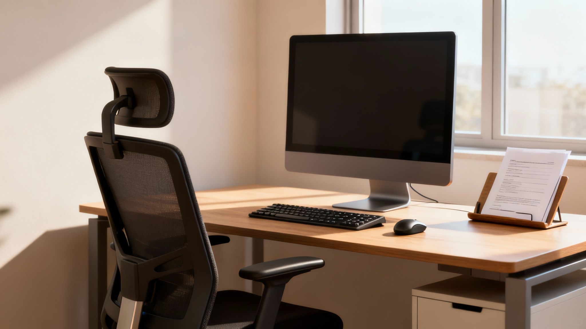 A modern home office with an ergonomic mesh chair, computer, keyboard, mouse, and documents on a wooden desk by a window.
