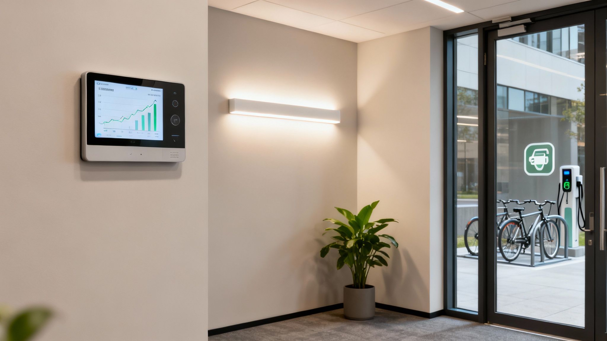 A modern office interior with a wall-mounted digital display, a green plant, and an EV charging station outside.