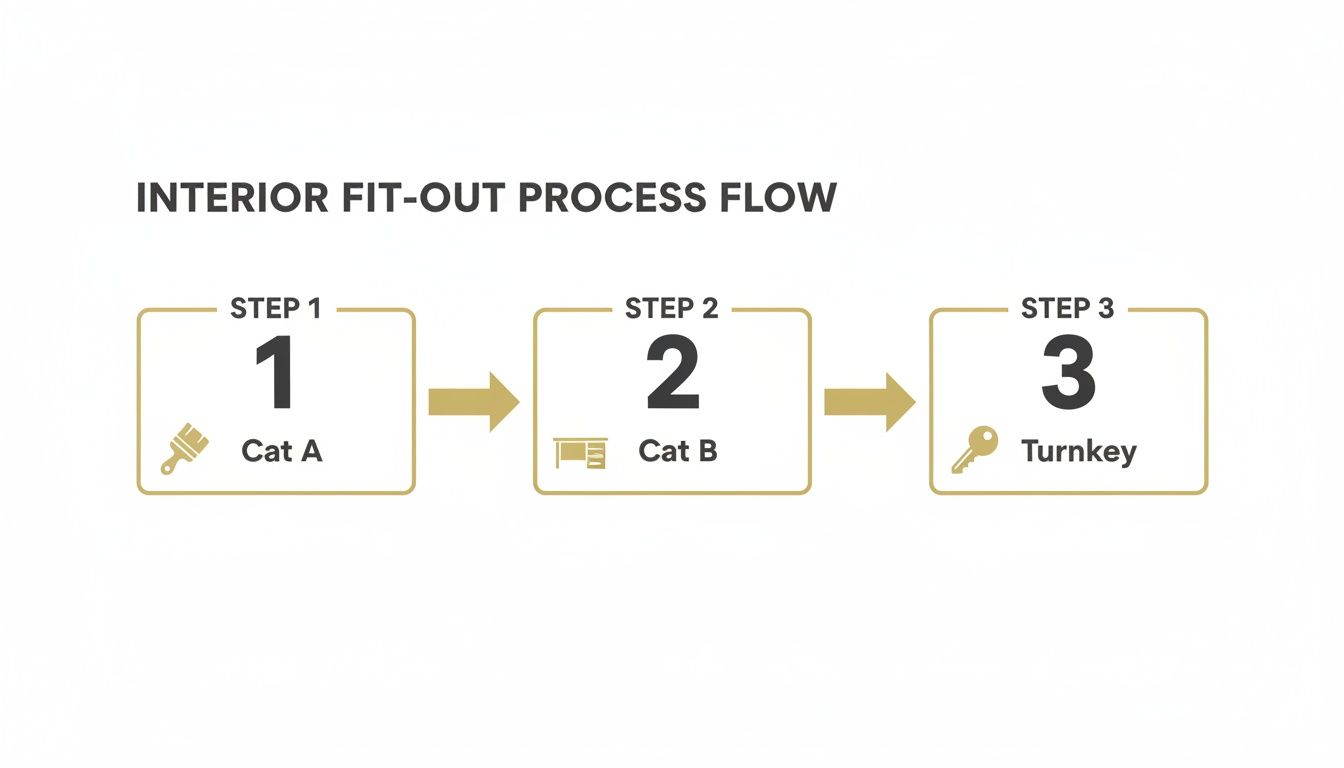 Flowchart showing a three-step interior-fit-out process: Step 1 Cat A (paint brush), Step 2 Cat B (desk), and Step 3 Turnkey (key).