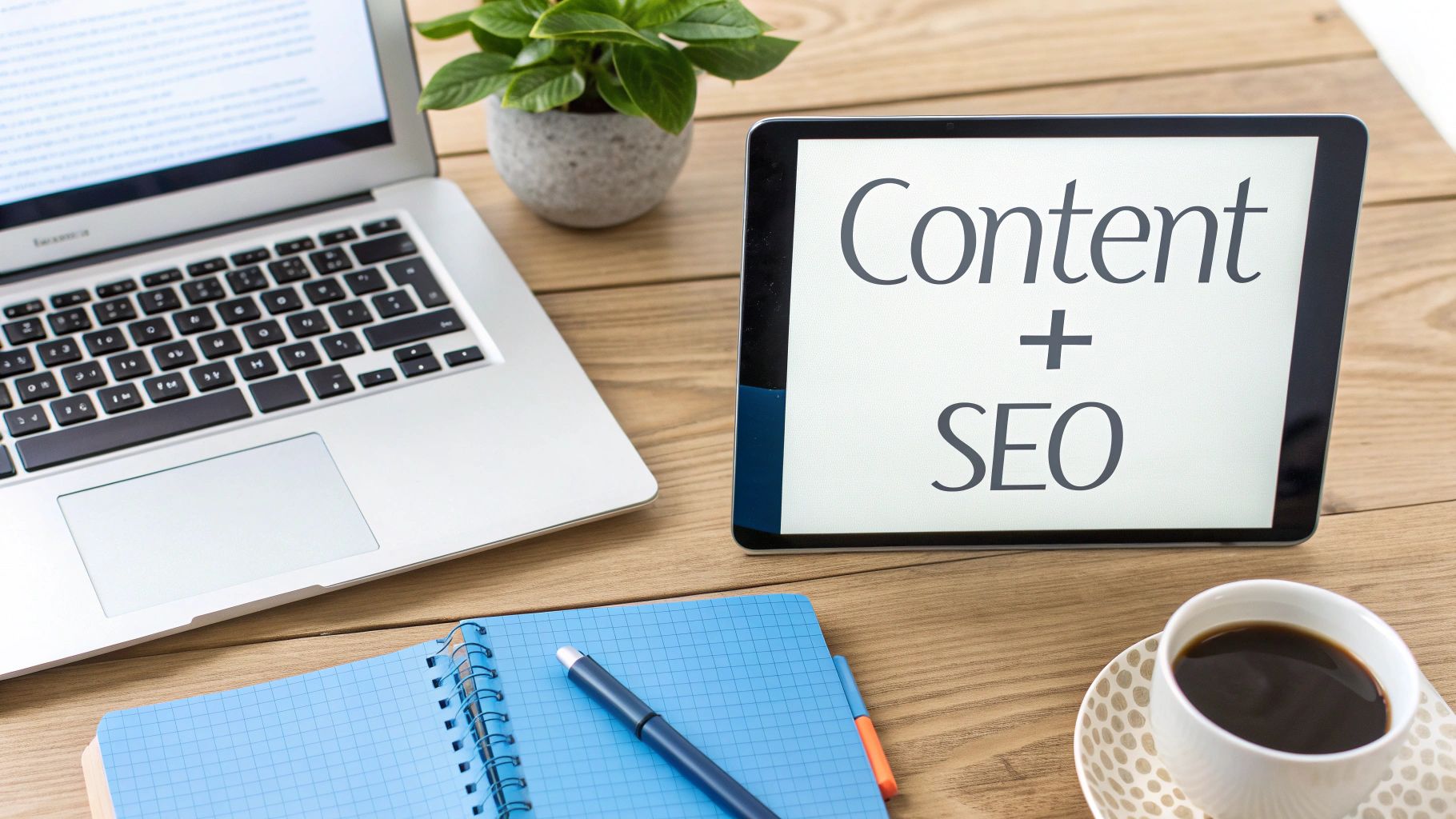 A laptop, tablet displaying 'Content + SEO', notebook, pen, and coffee on a wooden desk.