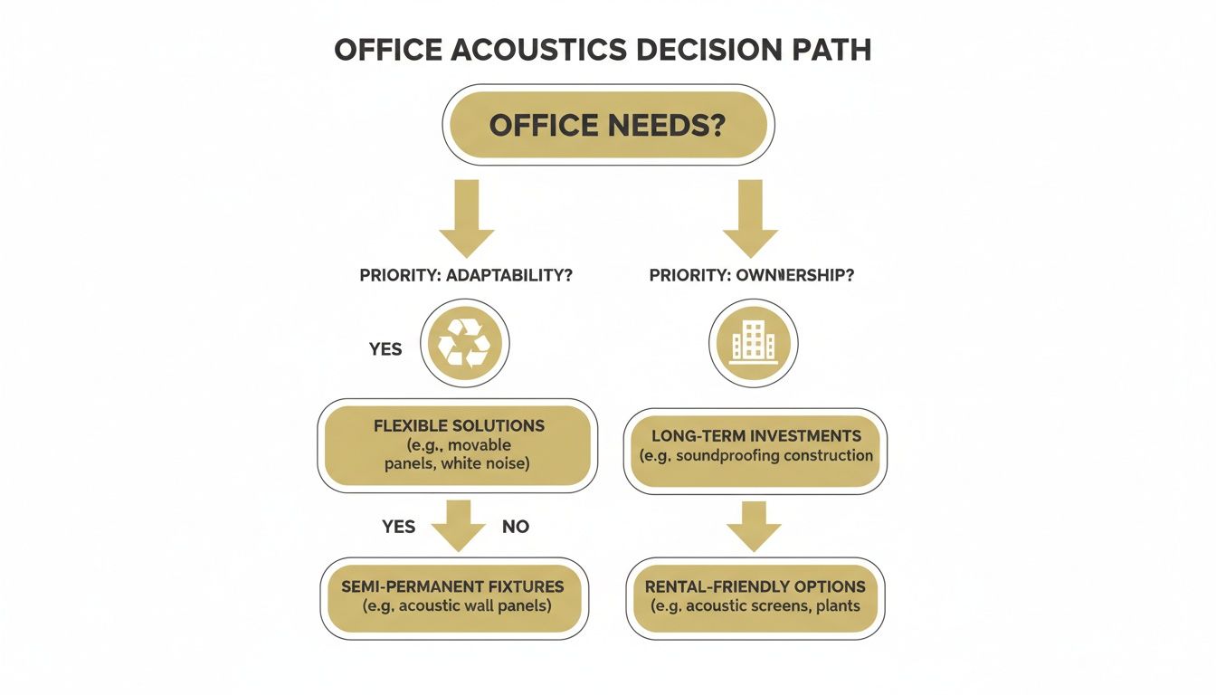 Flowchart illustrating the office acoustics decision path based on adaptability or ownership priorities.