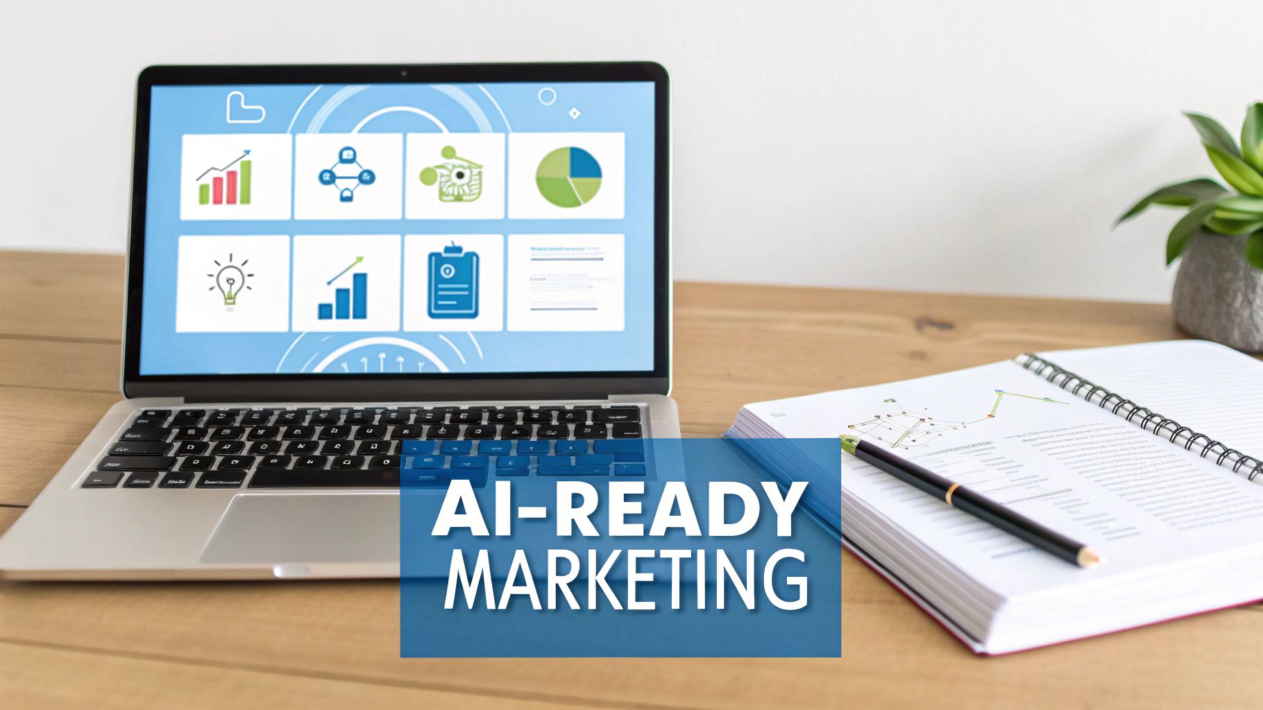 A laptop displays marketing analytics icons next to an open notebook, a pen, and a plant, with 'AI-READY MARKETING' text.