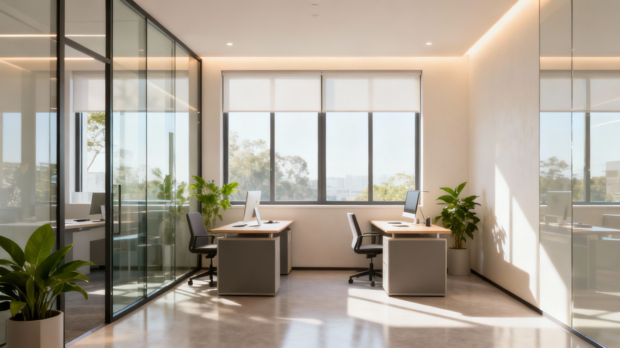 Bright, modern office with two workstations, large windows, glass partition walls, and green plants.