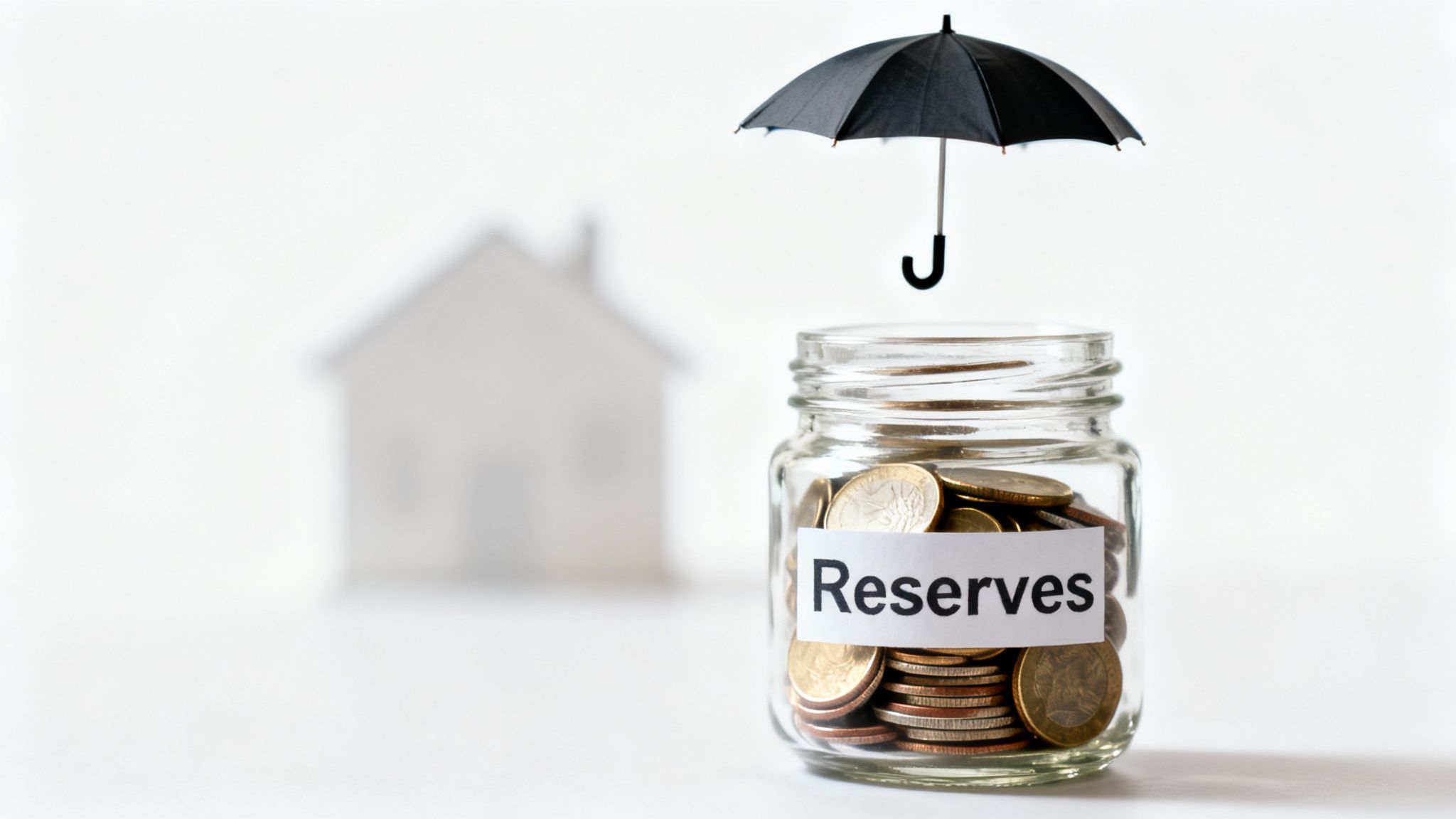 Glass jar labeled 'Reserves' with coins under an umbrella, blurred house background, symbolizing financial protection.