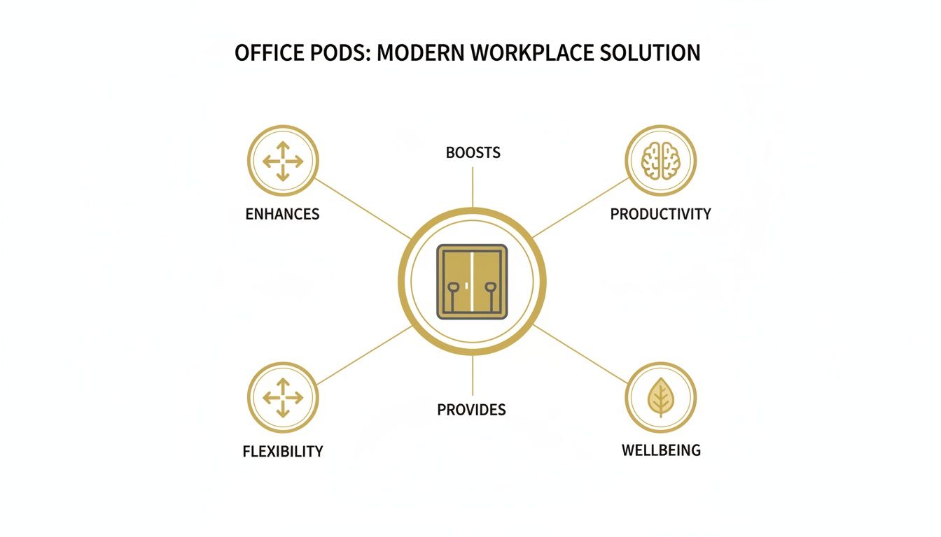 Diagram illustrating office pods as a modern workplace solution, enhancing flexibility, boosting productivity, and providing wellbeing.