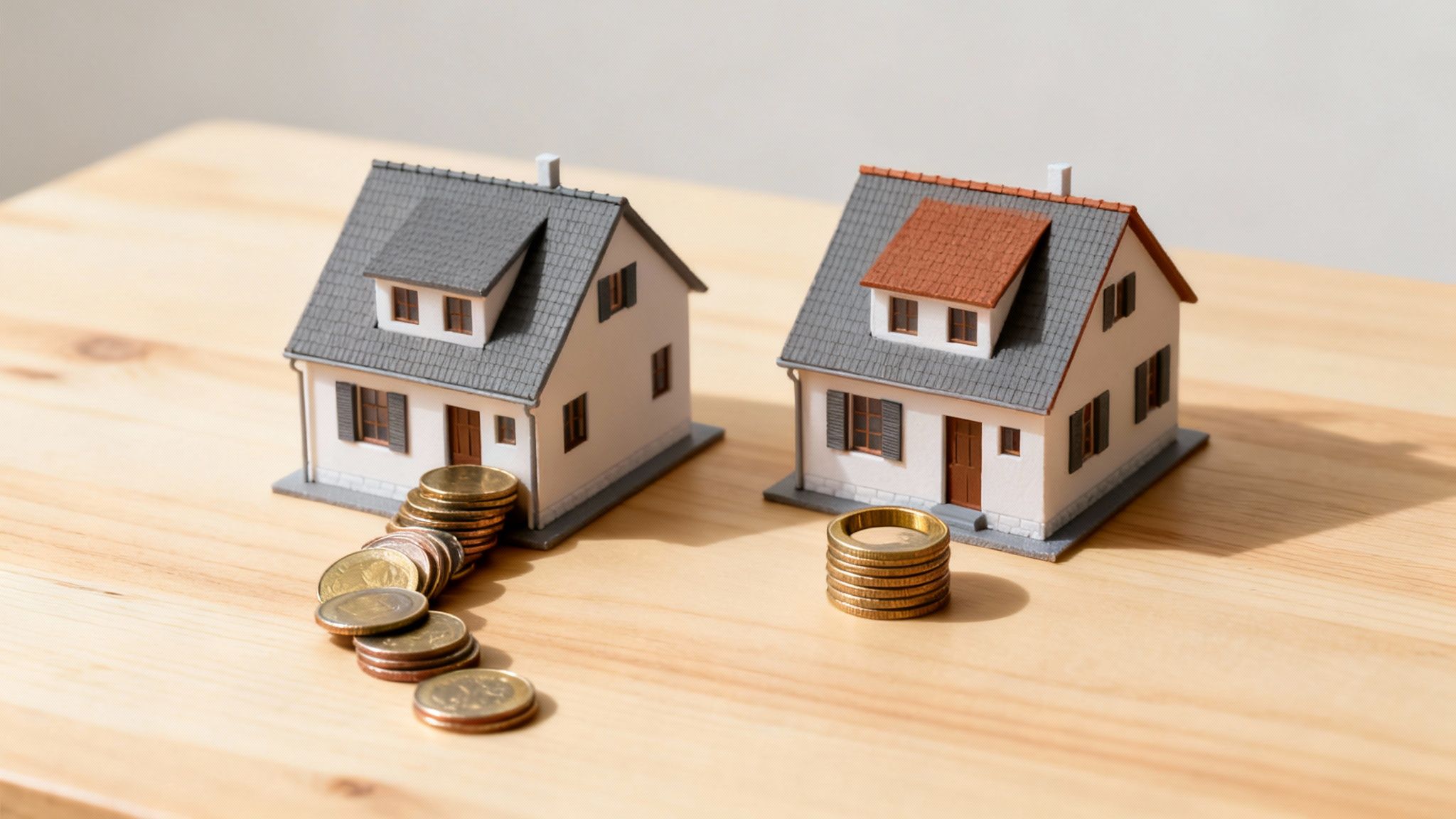 Two miniature model houses on a wooden table with stacks of coins, representing real estate investment.