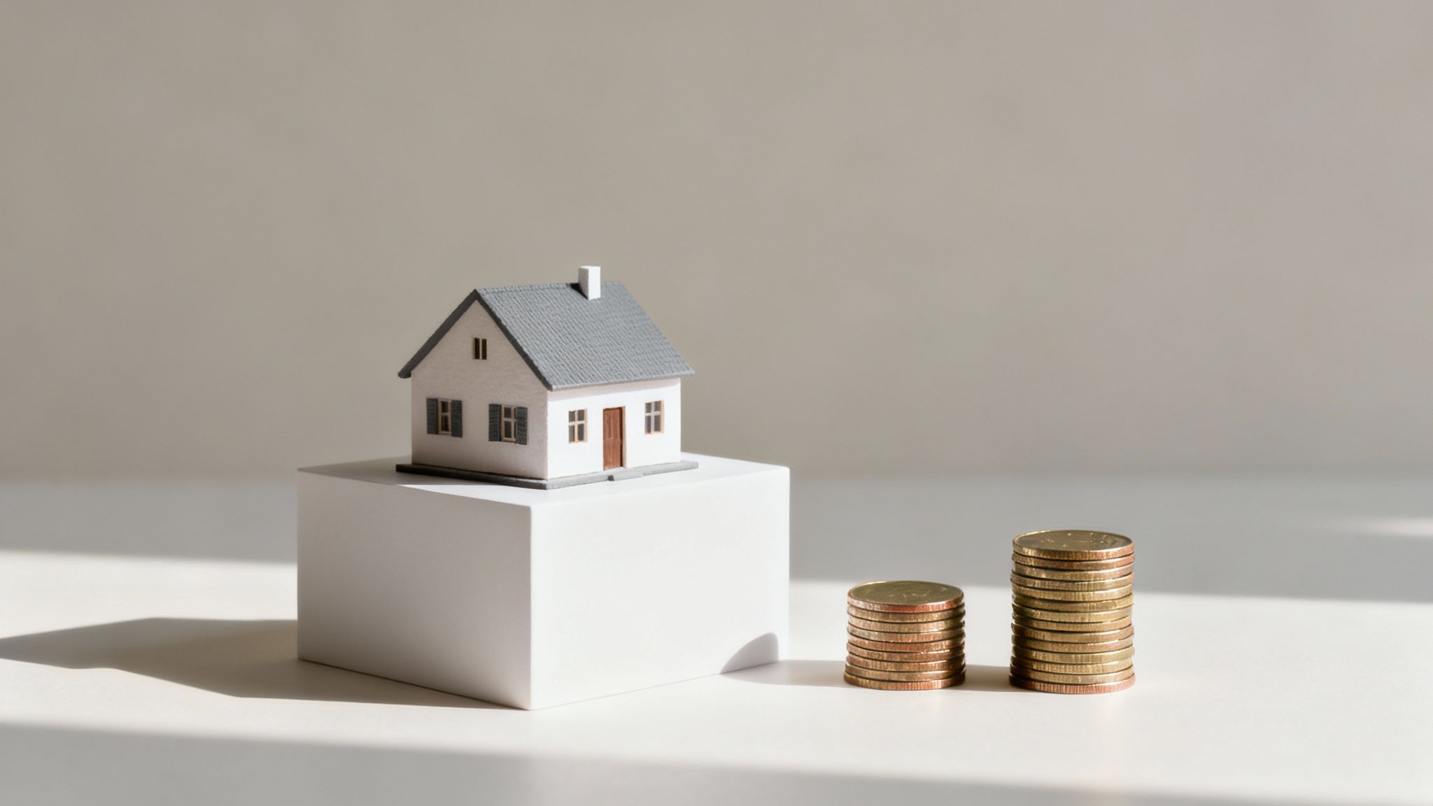 A miniature white house on a white block with two stacks of golden coins.