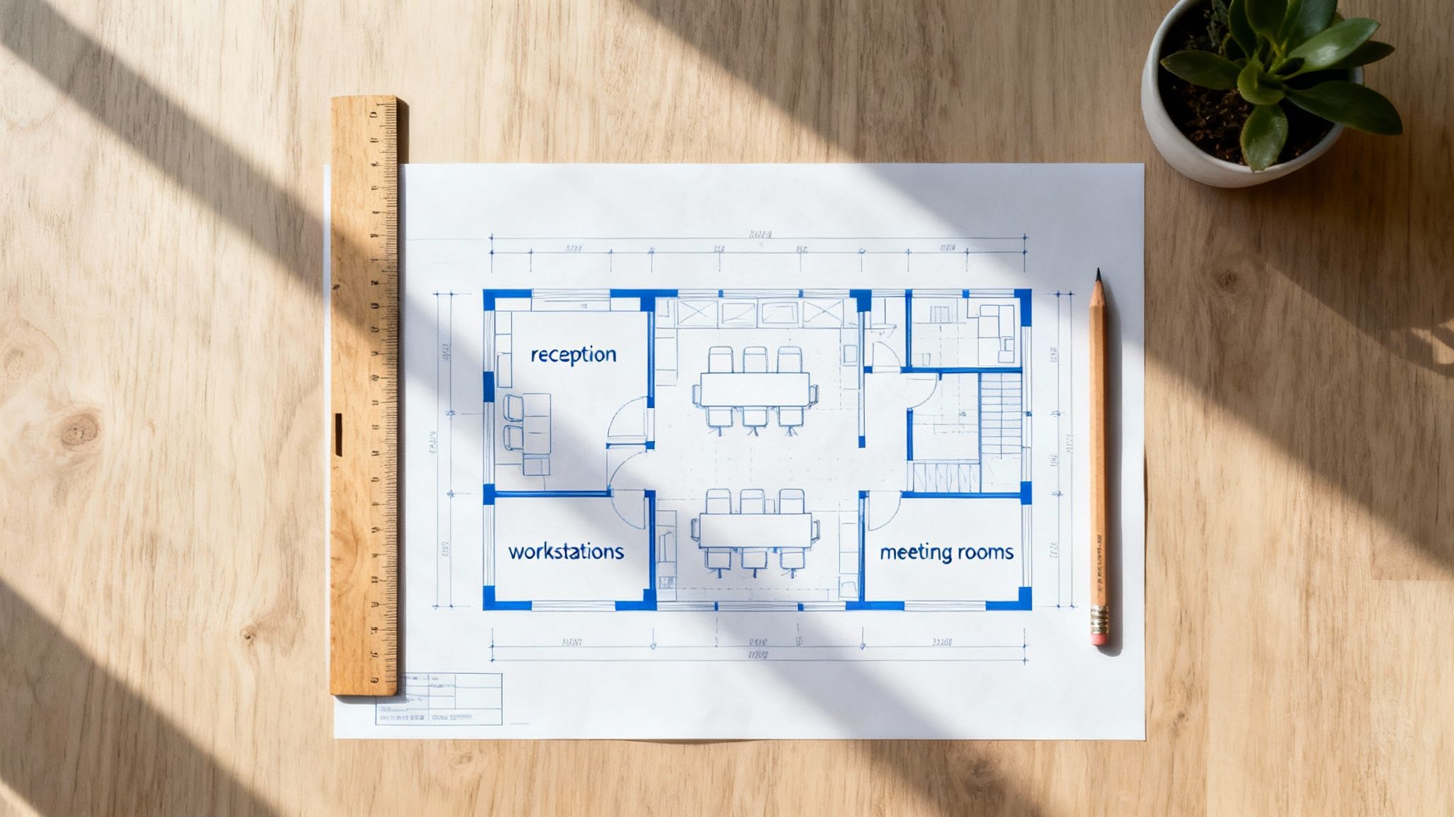 An office floor plan blueprint on a wooden desk, accompanied by a ruler, pencil, and a small plant.