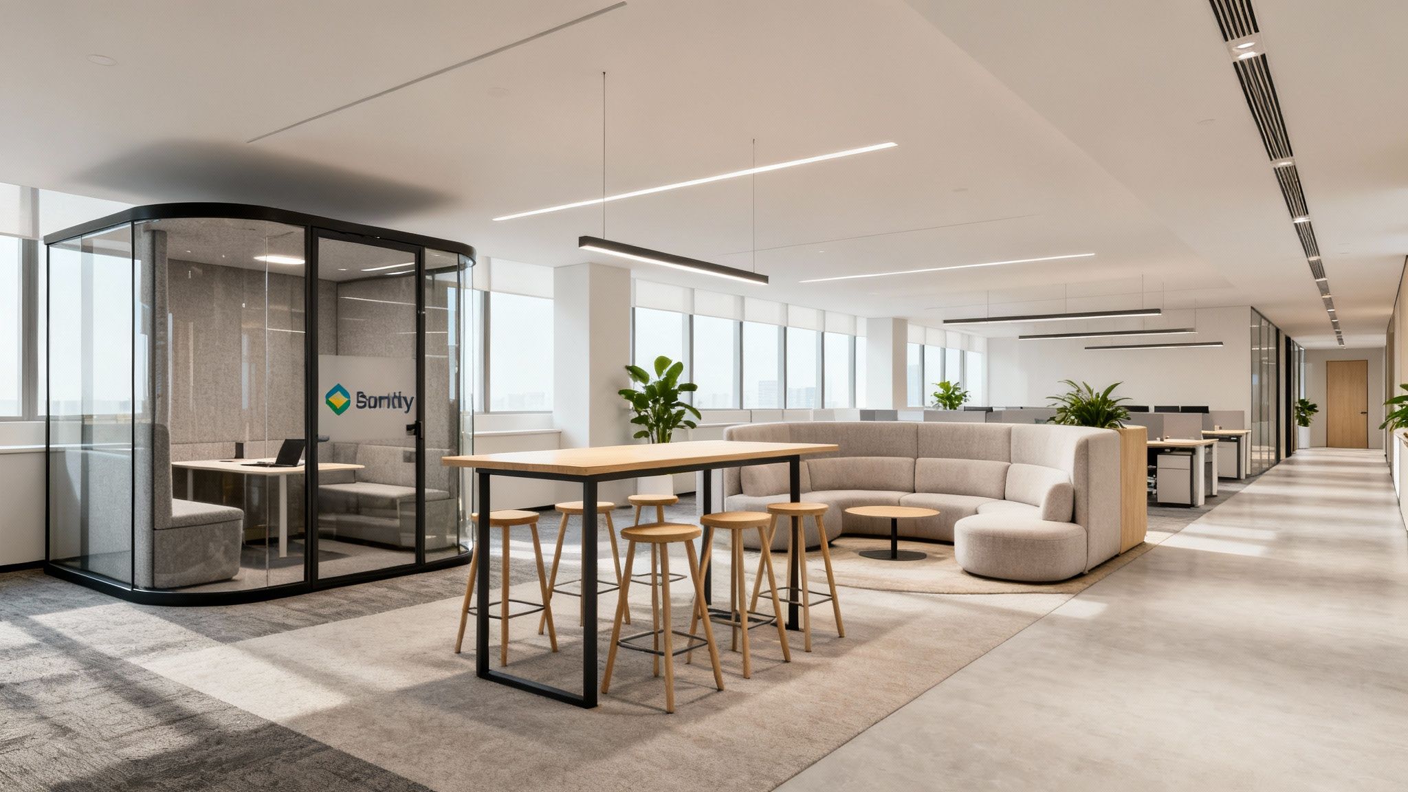 A modern open-plan office with a glass meeting pod, communal high table, and comfortable seating.