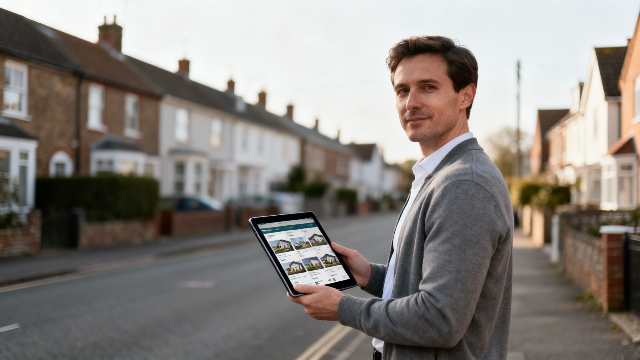 A man holds a tablet displaying real estate listings, standing on a residential street.